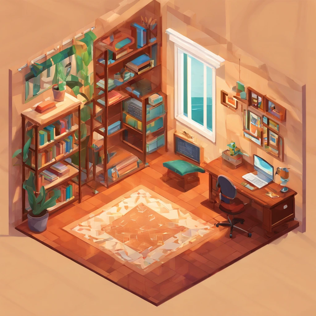 There is a boy's room with ( uma cama no meio do quarto ), (a desk with pencil, a notebook and a textbook), (uma cadeira na frente da mesa), (um guarda-roupa com portas duplas ), um tapete, a wall clock, uma pintura de parede, (a bookshelf with several books on its shelves), um espelho de corpo inteiro. The room has the same dimensions in width, Amplitude ou profundidade. This is a screenshot of the game. This image captures the furniture, home and lifestyle of 1950s America.