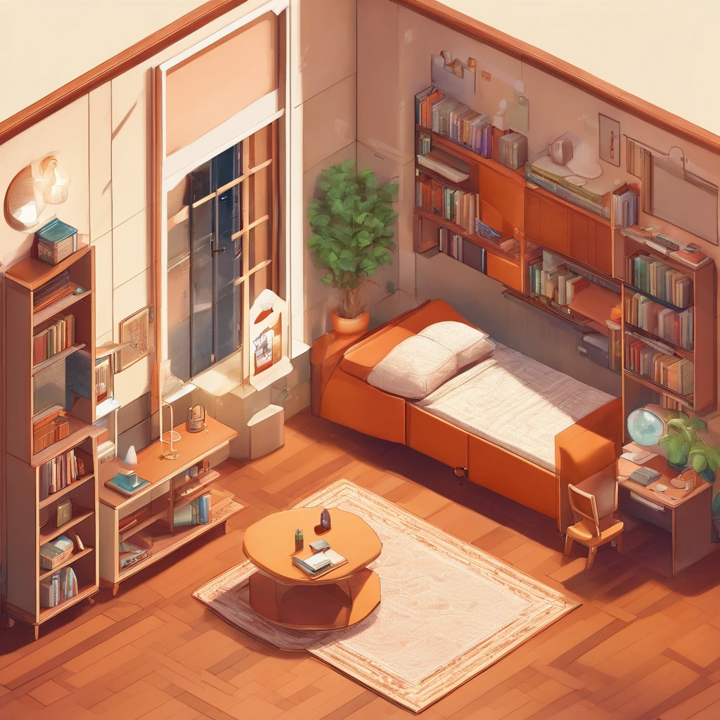 There is a boy's room with ( uma cama no meio do quarto ), (a desk with pencil, a notebook and a textbook), (uma cadeira na frente da mesa), (um guarda-roupa com portas duplas ), um tapete, a wall clock, uma pintura de parede, (a bookshelf with several books on its shelves), um espelho de corpo inteiro. The room has the same dimensions in width, Amplitude ou profundidade. This is a screenshot of the game. This image captures the furniture, home and lifestyle of 1950s America.