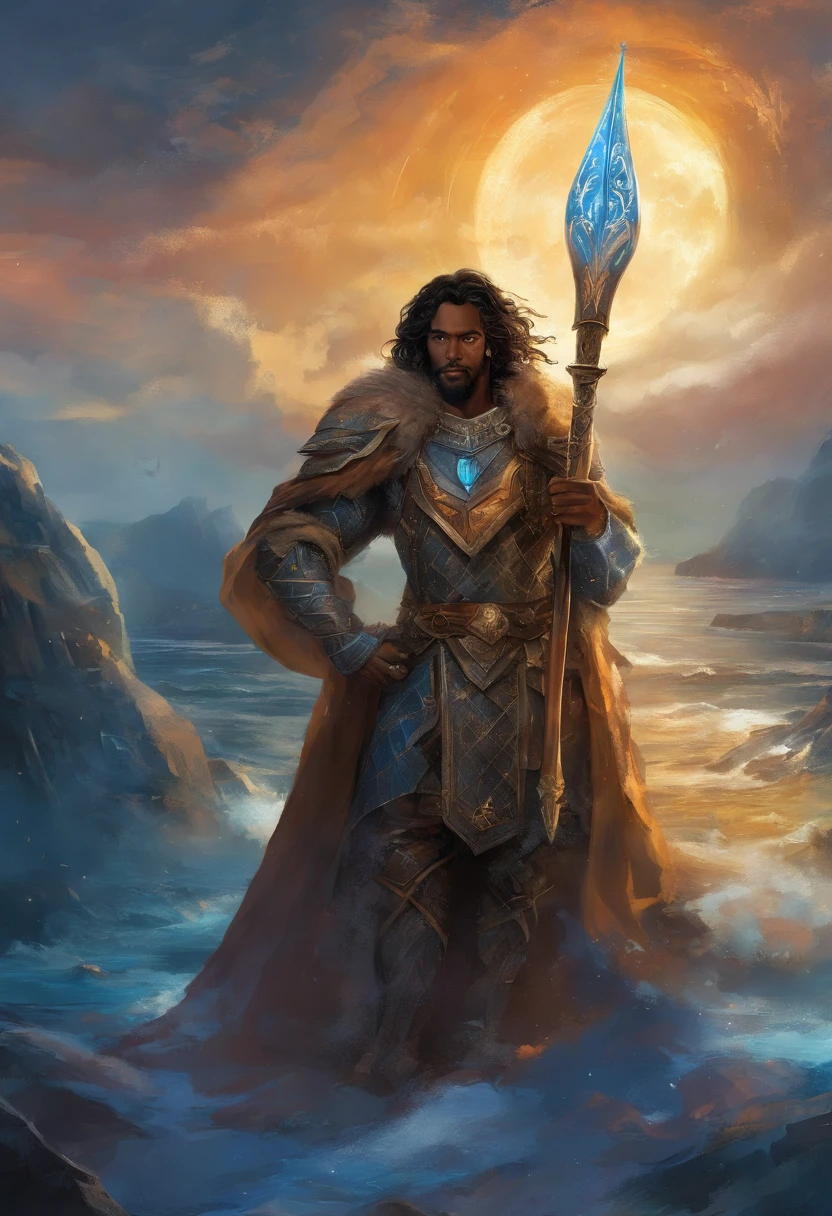 He is Earendil Galadaenar, um homem que se parece com Idris Elba, Henry Cavil e Rayleigh (one piece) tudo ao mesmo tempo. He is a medieval knight who wears a boar spear made of black steel in his right hand. He is wearing a body-themed armor of starry night and sea during moonlight.. He is the last heir to a noble house that prides itself on having come from the sea and an African tribe. Ele tem a pela um pouco mais escura, but not black.