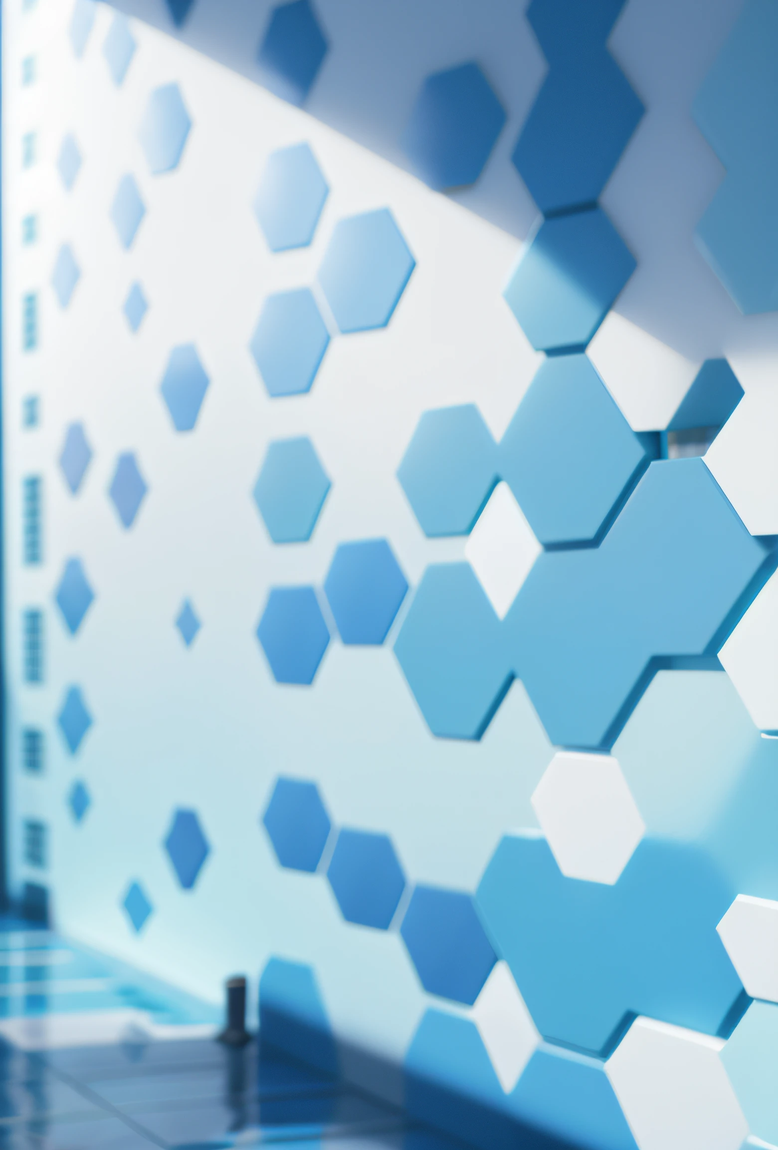 There is a wall with blue and white geometric shapes on it, Parede hexagonoal, Hexagons, Hexagonoal pattern, estrutura do favo de mel, forma hexagonal, hexagonal, Hexagon, Design abstrato. paralaxe. azul, Hexagons in the sky, fundo do favo de mel, malha hexadecimal, geometric 3d render, favo de mel mecanicamente melhorado