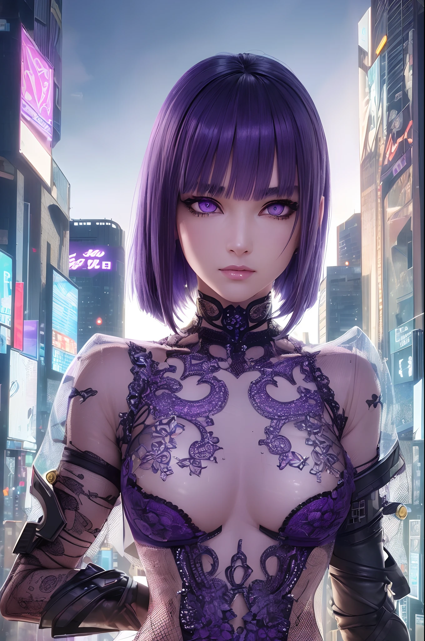 Highly detailed, ultra detailed, best quality, highest quality, hyper detailed, highly detailed background, photorealistic, masterpiece, detailed CGI 32k:1.3, detailed realistic skin, stunning and gorgeous, (holographic Girl), (against the backdrop of a cyberpunk city:1.2), (transparent body:1.3), small breasts, (dim lighting:1.2), (detailed hair:1.3), (bob haircut:1.2), (blue hair:1.3), (centered), (highly detailed:1.4), (purple eyes:1.3), (detailed face and eyes:1.4).