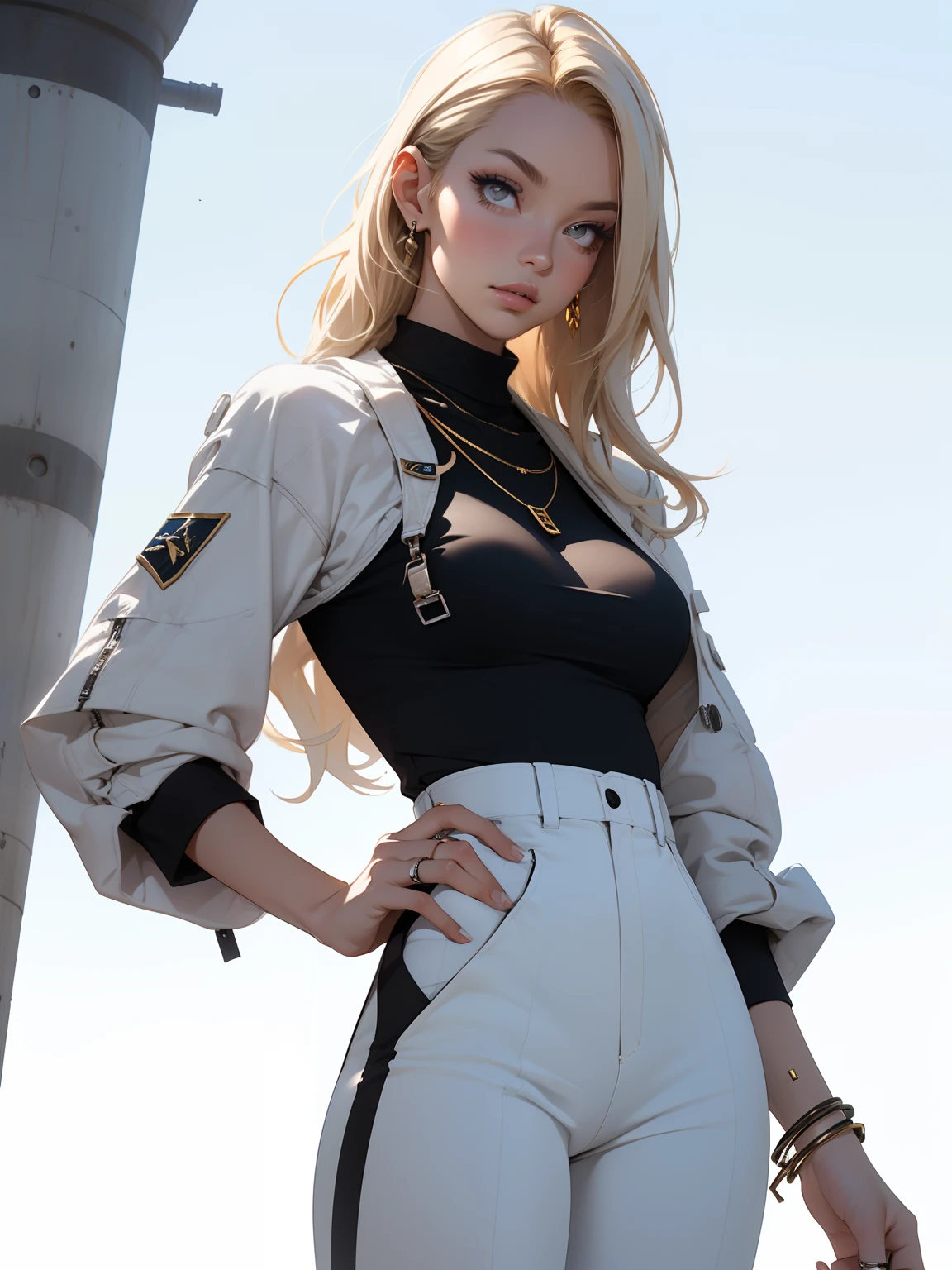 1woman, blonde, makeup, mascara, Lips are subdued or colors, background is a spacial station, Minimalism, monotone, simple color palettes, Clean, sharp designs, flowing silhouettes, Tight astronaut uniform, high-waisted pants, shirts and blouses, asymmetrical, geometric, Elegant and luxurious materials and designs, Simple, minimal accessories, Slim necklaces and rings in silver or gold, Simple bangles, Distinctive designs, simple silhouettes, simple and sophisticated style, elegance, minimalism, high quality materials, cool and urban impression, high fashion, simplicity and sophistication