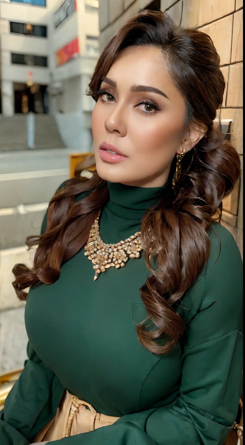 (masterpiece, best quality), beautiful woman, detailed sleeveless turtleneck top, pants, necklace, wavy hair, perfect face, beautiful face, alluring, big gorgeous eyes, open mouth, happy, perfect slim fit body, (outdoor), city streets, new york, bright colors