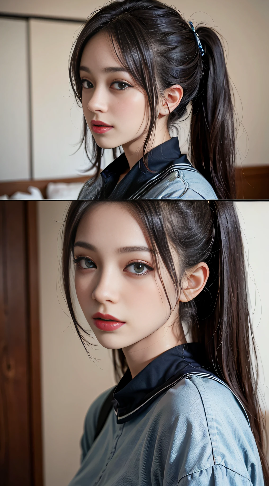 ((masterpiece:1.4)、(top-quality:1.4)、(reallistic:1.7))、masuter piece:1.4、Kawaii Girl、Portrait photo of a girl、Close-up photos、foco nítido、Upper body photography、beautiful countenance、kawaii faces、A detailed eye、Draw the eyes clearly, Beautiful and attractive eyes、beautidful eyes、Narrow waist、poneyTail、Raw photo、red-lips、1 screen display、