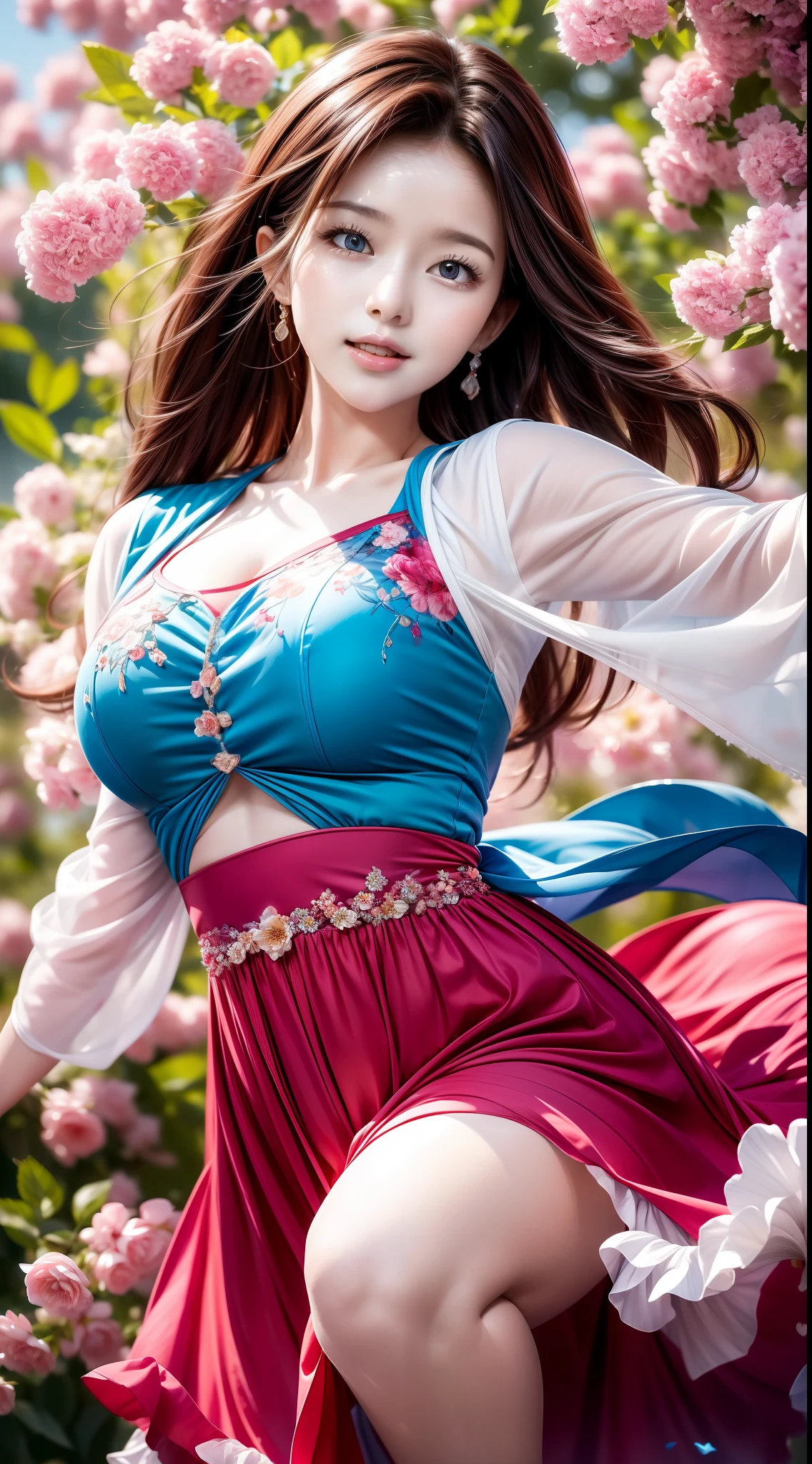 (Best quality,high resolution,Ultra-detailed:1.2), Beautiful blue to red gradient wavy curls fluttering in the breeze, Close-up of a woman jumping high, Vibrant flowers fill the background in a park-like setting, Cinematic style shooting.