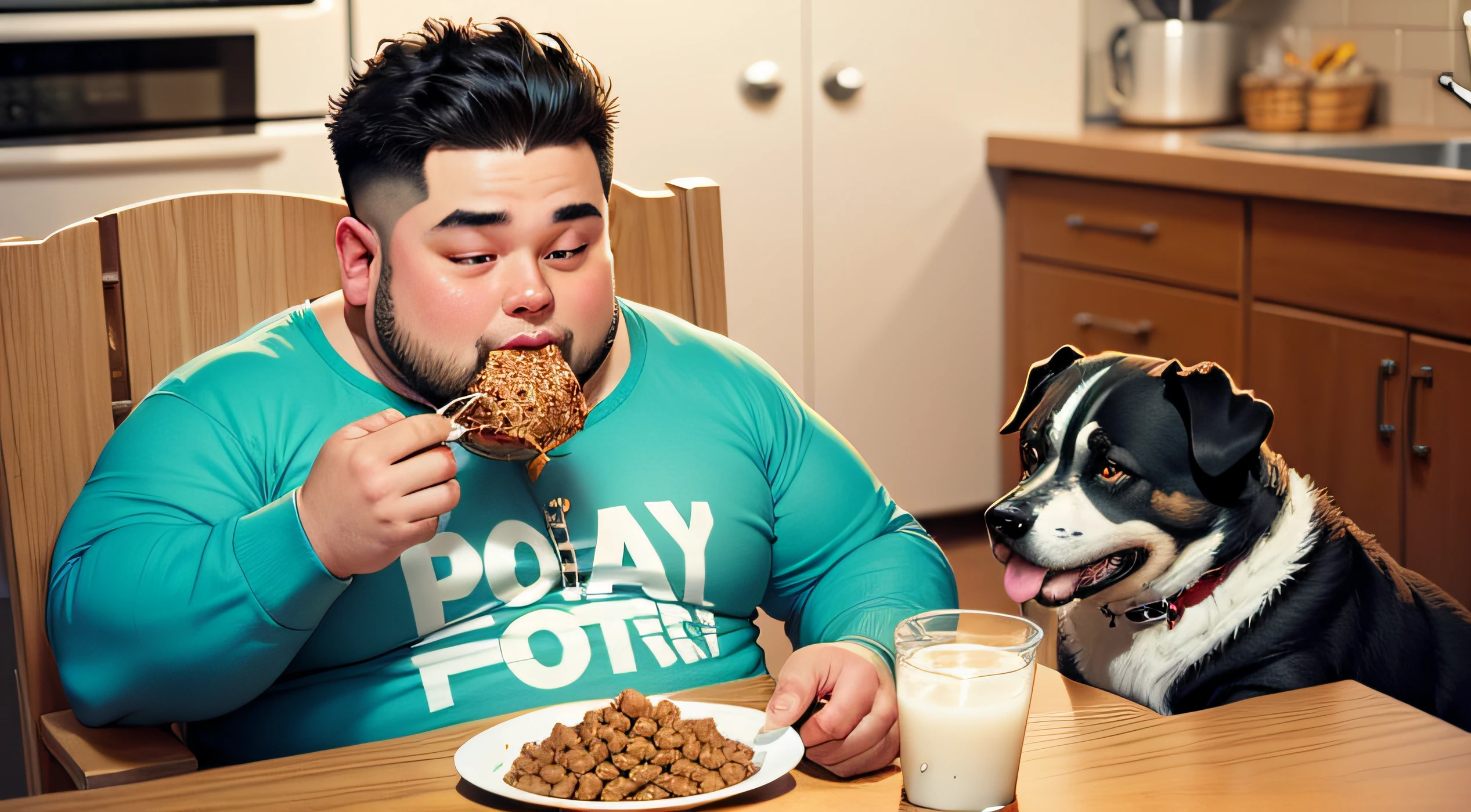 fat boy eating dog food