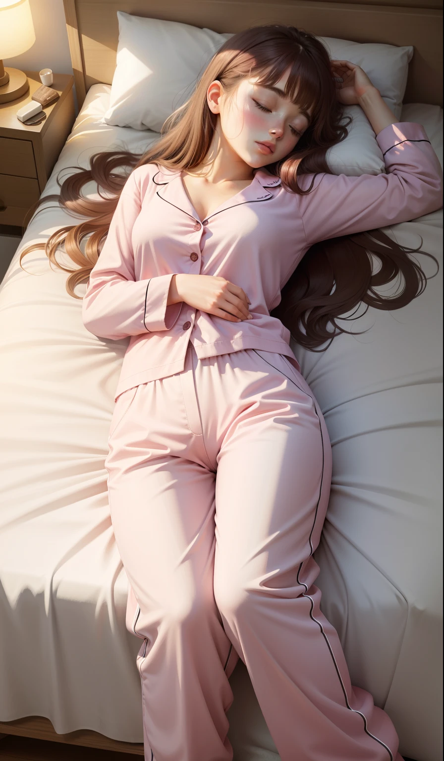 Sleeping girl, 22 years old, realistic, she is wearing long pants, she is wearing pink pajama, brown hair.