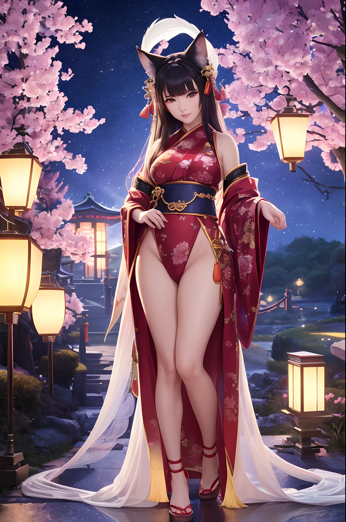 (Best quality:1.2, ultra-detailed, photorealistic:1.3), colorful, brightly lit night scene, enchanting atmosphere. Beautifully detailed nine-tailed kitsune woman, with captivating emerald eyes, rosy cheeks, and silky long black hair flowing in the breeze. She has a slim and graceful figure, with a slender waist and long legs. Her petite frame is adorned with revealing traditional Japanese clothing, showcasing her alluring curves and assets. The kitsune woman stands in front of a majestic Japanese temple, illuminated by the soft glow of lanterns. The temple is decorated with intricate carvings and vibrant cherry blossoms, symbolizing beauty and renewal. The night sky is filled with sparkling stars, creating a magical backdrop. The kitsune woman's elegant posture exudes confidence and elegance, as she holds a mystical fox mask, adding an element of mystery to the scene. The ambience is filled with tranquility and a sense of wonder, inviting viewers to immerse themselves in the enchanting world of the nine-tailed kitsune.