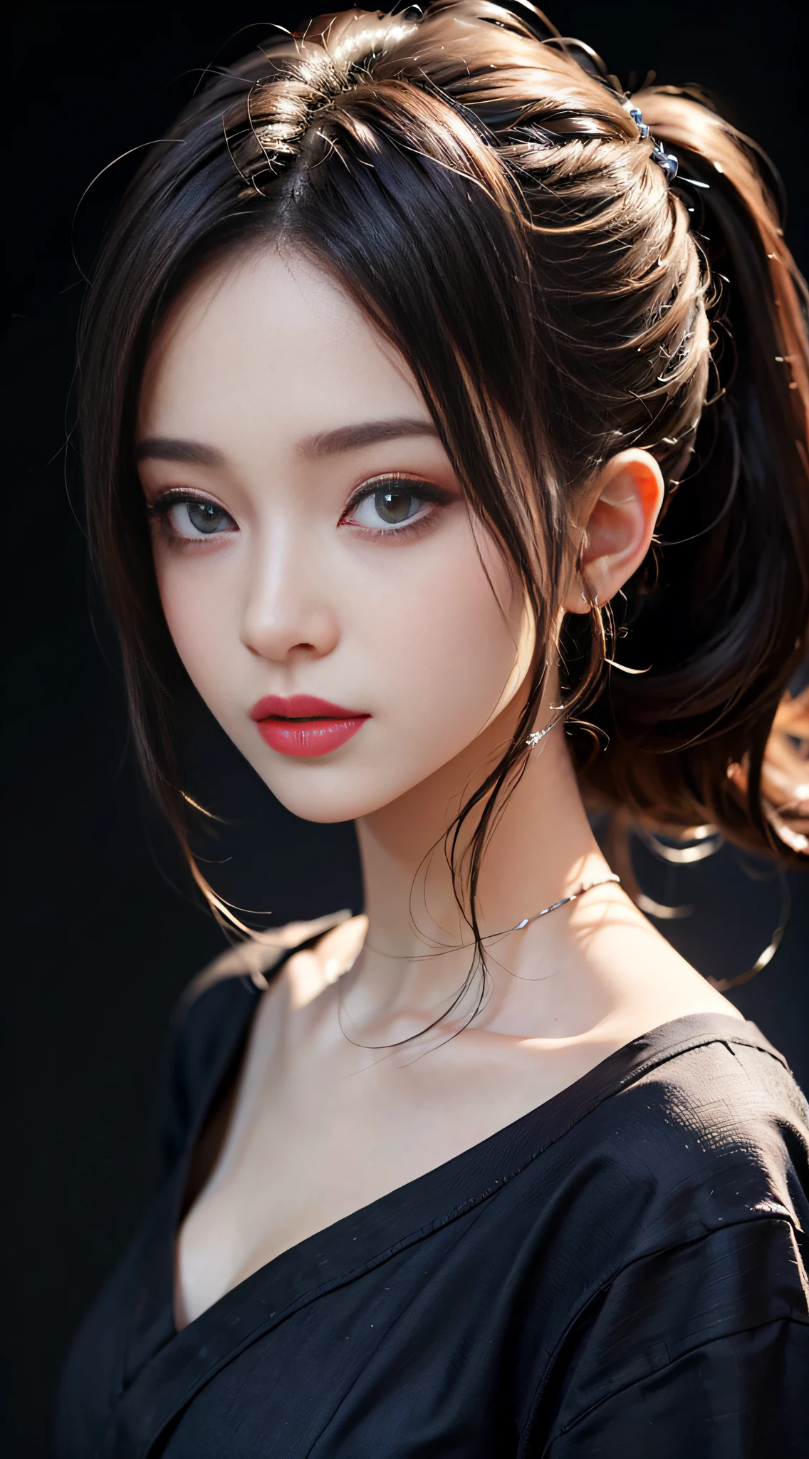 ((​masterpiece:1.4)、(top-quality:1.4)、(reallistic:1.7))、masuter piece:1.4、Kawaii Girl、Portrait photo of a girl、Close-up photos、foco nítido、Upper body photography、beautiful countenance、kawaii faces、A detailed eye、Draw the eyes clearly, Beautiful and attractive eyes、beautidful eyes、Narrow waist、poneyTail、Raw photo、red-lips、1 screen display、