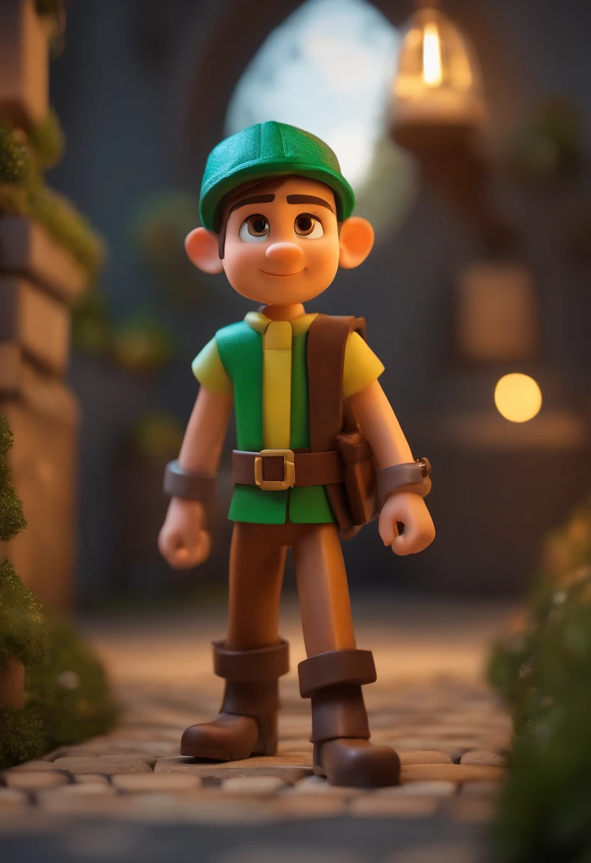 （Estilo Pixar) orelha pontuda, mostre a orelha Modelo de personagem em miniatura, fonte de luz da direita para a esquerda, Rum lighting, fonte de luz da direita para a esquerda, (ISO distance vision), (de cima para baixo), Realistic proportions, Post-processing, ((perspectiva ortogonal)), super detalhe, Realistic, super realistic, photoreal render, Cor irridescent, Glitters, Minecraft: Duende Encantado elfo, elfo, personagem elfo
