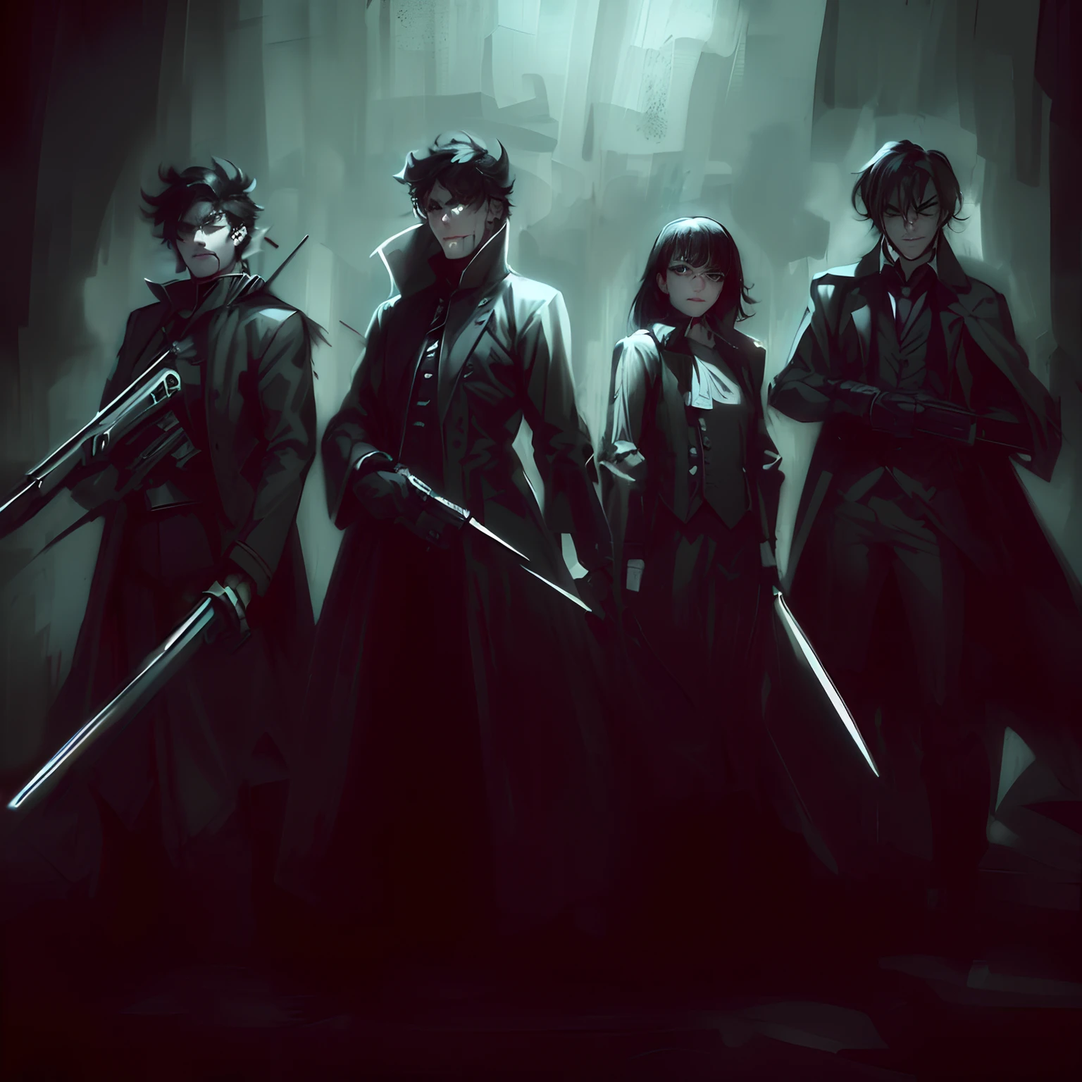 Three men in black coats holding guns and standing in a dark room, estilo bloodborne, arte conceitual sombria, Inspirado Sci Vitoriano - Fi, Dark, ArtsLabcoats, Arte conceitual escura de alto contraste, fanart oficial, arte de estilo fantasia escura, vampire hunter d, Harry Potter em Cyberpunk, arte do jogo de RPG, vampiros de anime, estilo masmorra mais escuro, academia sombria