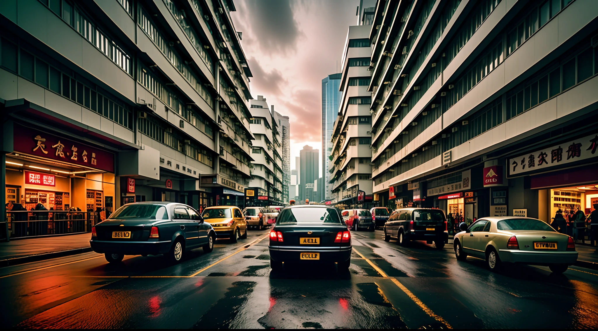 Al Gold Hong Kong, architecture, A building, Sunset , rain, Masterpiece,Best quality,Super detailed,Realistic,Photorealistic, 8K, Sharp focus, 
a photo of a building