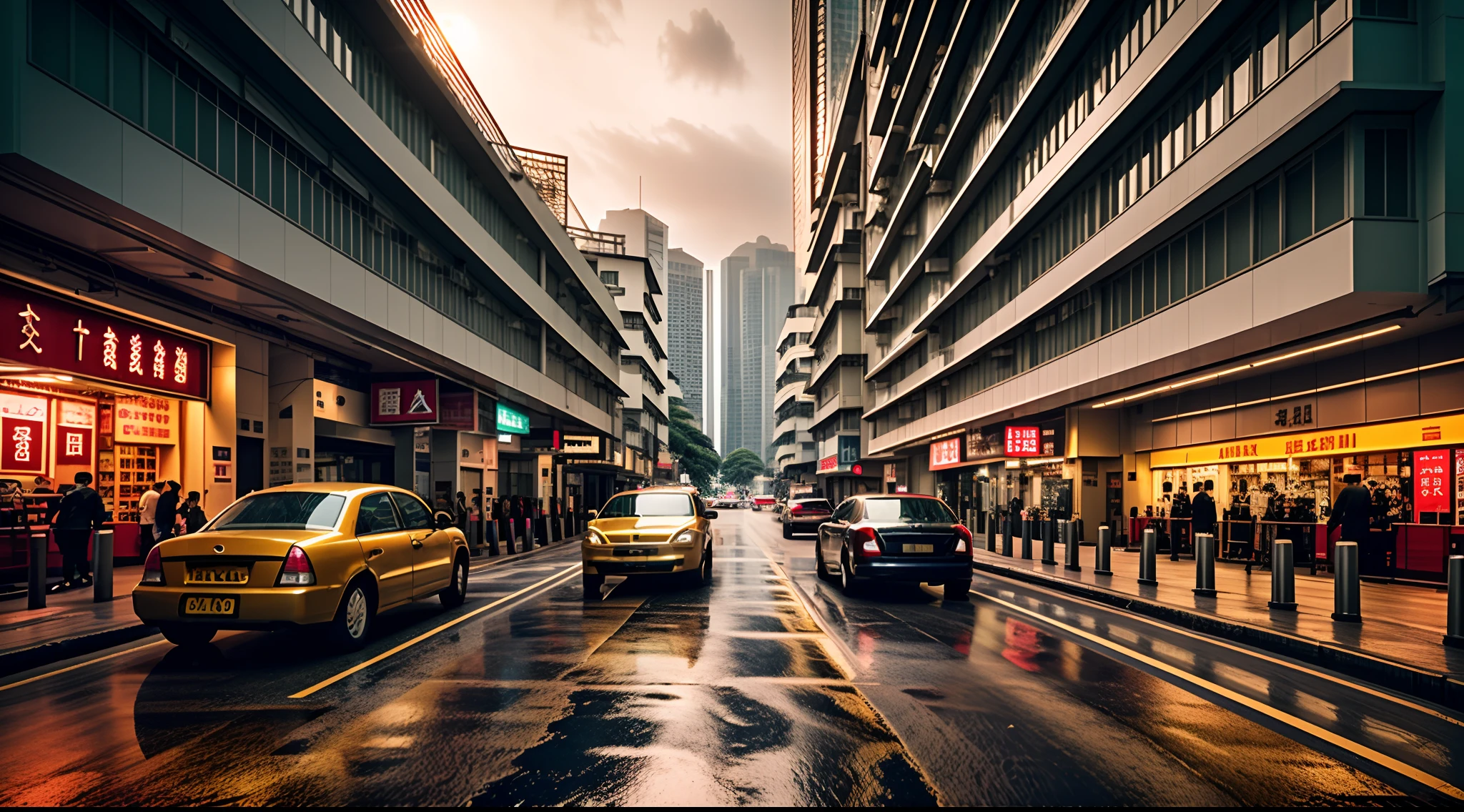 Al Gold Hong Kong, architecture, A building, Sunset , rain, Masterpiece,Best quality,Super detailed,Realistic,Photorealistic, 8K, Sharp focus, 
a photo of a building