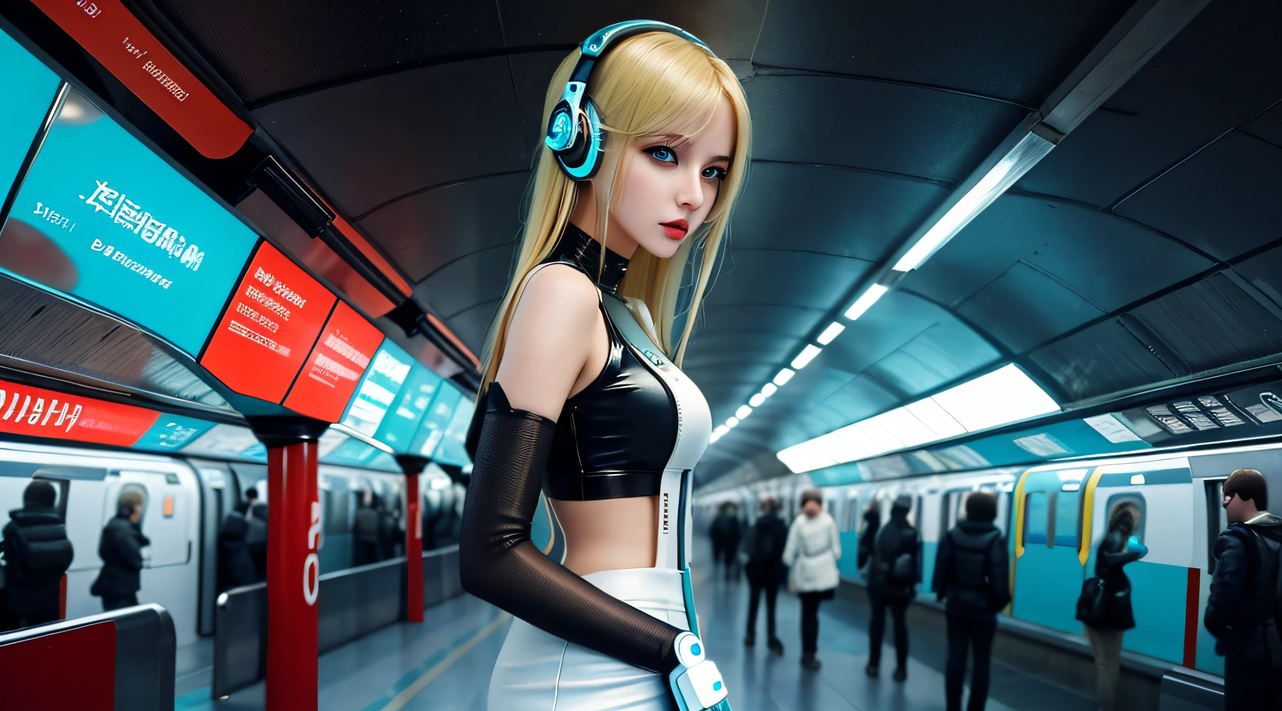 masterpiece, high quality, photo of a blond woman in white outfit posing in a London subway station, detailed picture, 30 y. o model girl, beautiful cyberpunk woman model, cyberpunk beautiful girl, cyberpunk vibe, cyberpunk futuristic, female cyberpunk anime girl, cyberpunk style, from below, cinematographic shot, wide angle photo, dramatic lightning, white neon, cyan neon, blurry background, headphones on ears, slim mirror sunglasses