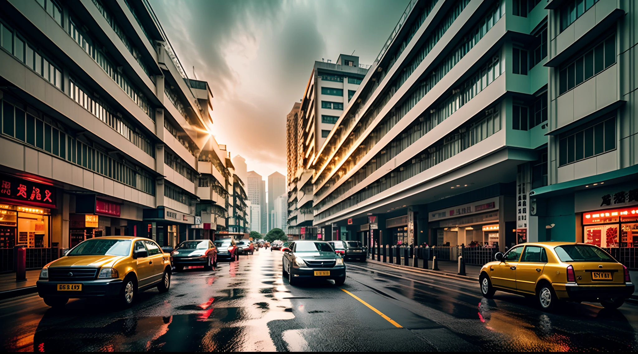 Al Gold Hong Kong, architecture, A building, Sunset , rain, Masterpiece,Best quality,Super detailed,Realistic,Photorealistic, 8K, Sharp focus, 
a photo of a building