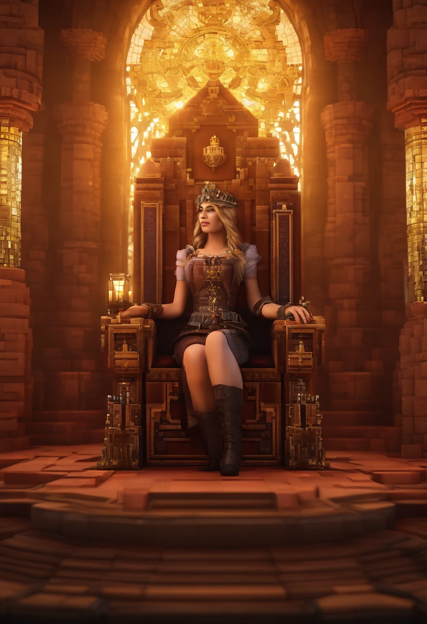 personagem minecraft, rei sentado no trono, Steampunk, fundo minecraft