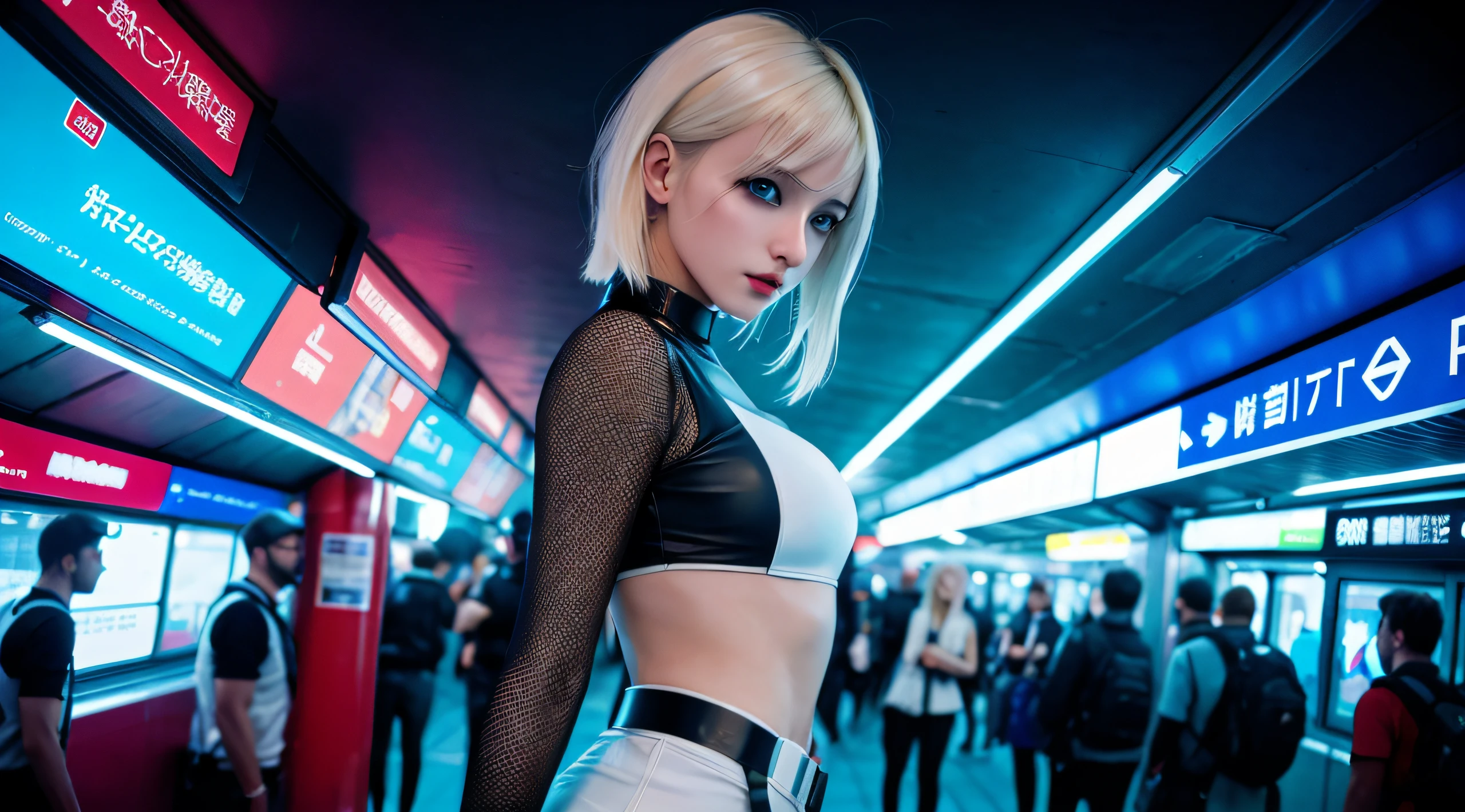 masterpiece, high quality, photo of a blond woman in white outfit posing in a subway station, detailed picture, 30 y. o model girl, beautiful cyberpunk woman model, cyberpunk beautiful girl, cyberpunk vibe, cyberpunk futuristic, female cyberpunk anime girl, cyberpunk style, from below, cinematographic shot, wide angle photo, dramatic lightning, white neon, cyan neon, blurry background