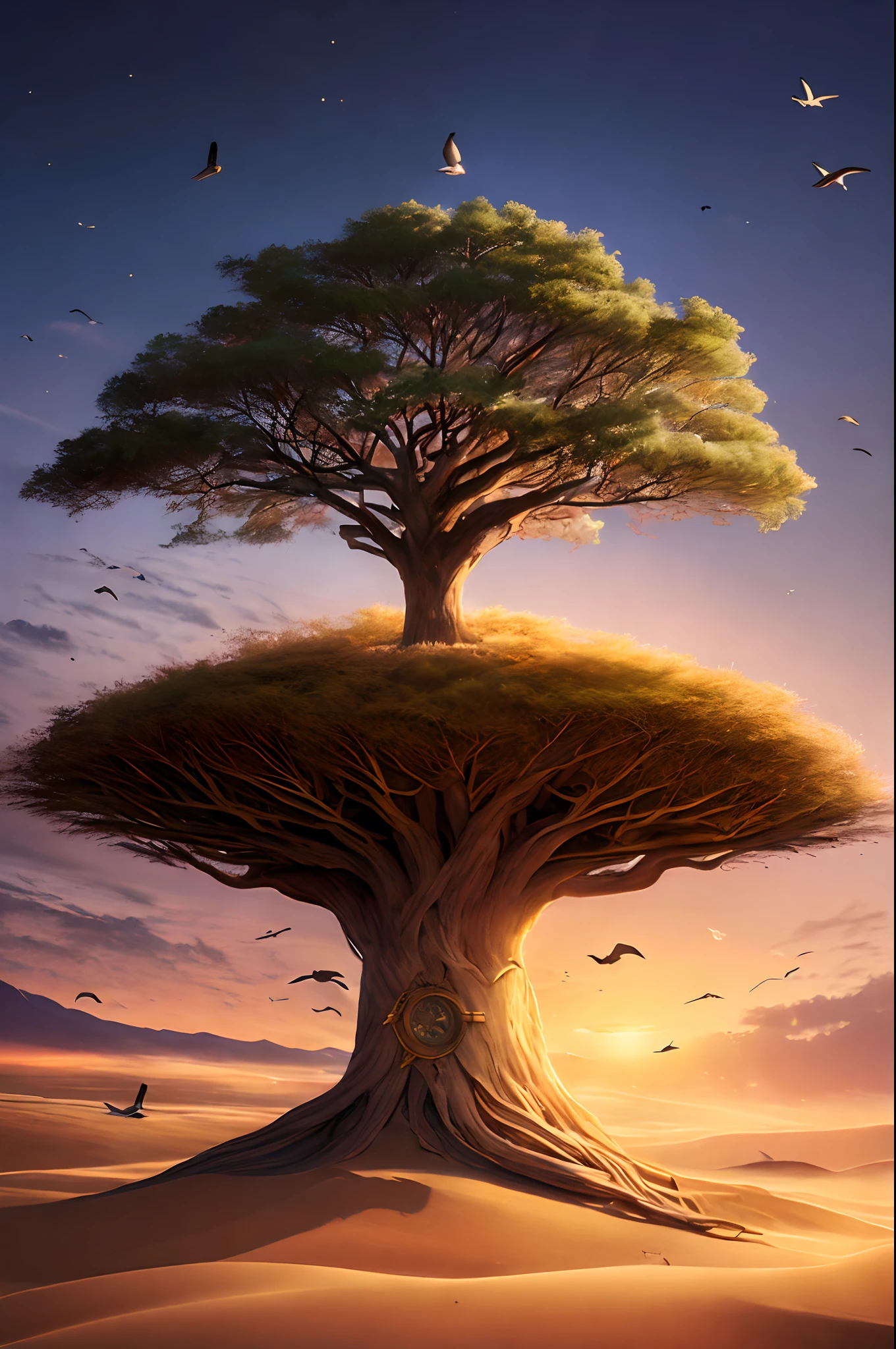 Descreva a imagem apresentada, um fundo que transmite a passagem do tempo, como um horizonte que se estende do amanhecer ao entardecer, No centro da imagem, There is an ancient and majestic tree, com um tronco largo e rugoso, que representa a sabedoria que vem com a idade, the roots deeply intertwined with the earth, Around the tree elements like an open book, a compass, a sand clock indicating the passage of time and Birds flying around the tree, imagem realista