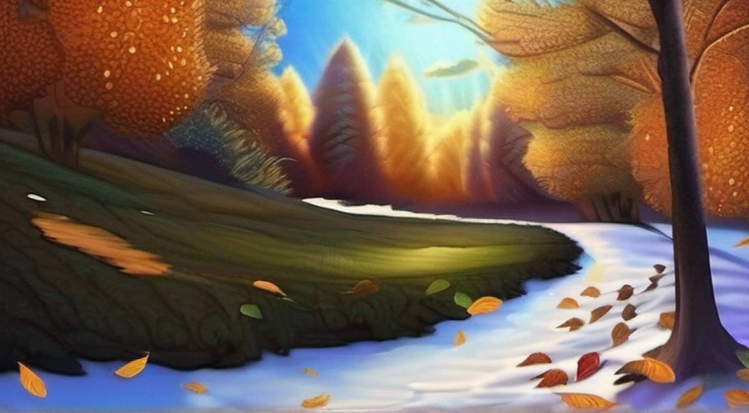 The sky split into two sides, with fallen leaves floating and snow on the other