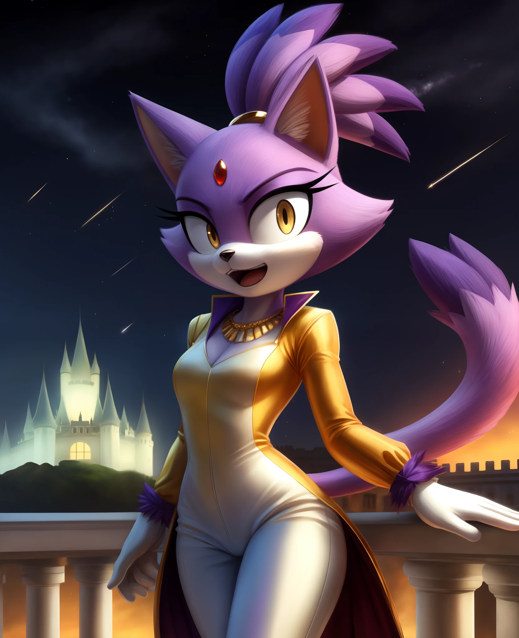 masterpiece, best quality, highres, Blaze The Cat,  1girl, gold necklace, white jumpsuit, animal_ears, closed_mouth, red forehead_jewel, fur-trimmed_gloves, fur_trim, furry, furry_female, gloves, long_sleeves, purple_coat, purple_hair, solo, standing, tied_hair, topknot, white_gloves, white_pants, yellow_eyes, tail, photo background,  night sky, castle, solo, shooting star, star \(sky\), perfect hands, perfect anatomy