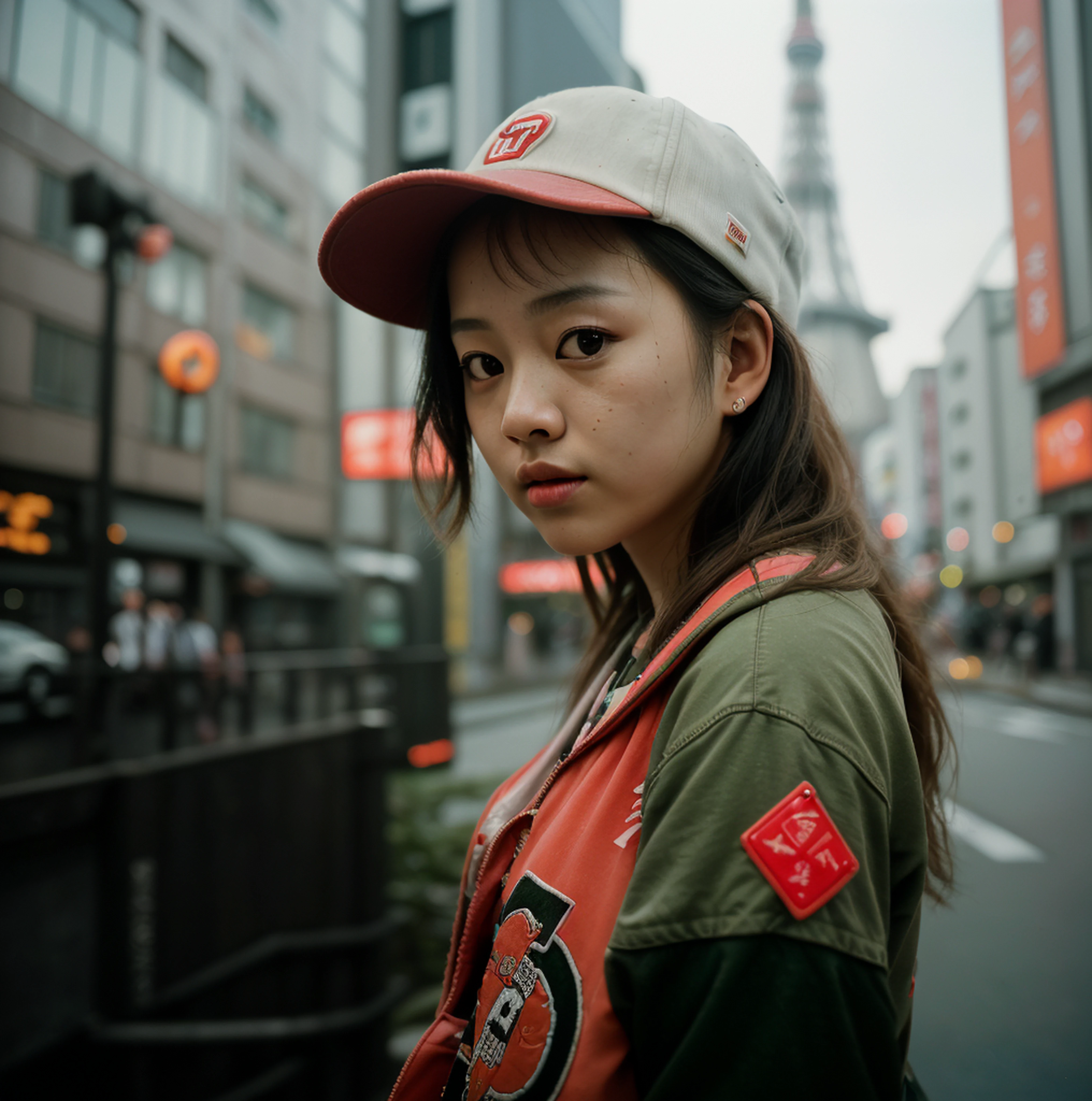 (close-up photograph, full of details, depth of field, extreme detail, natural style, photo taken with fujifilm superia), travellers, in the style of rap aesthetics, girl,Tokyo, Japan,make for a memorable photo. The background is to the iconic Tokyo Tower oversized portraits, core, upper body