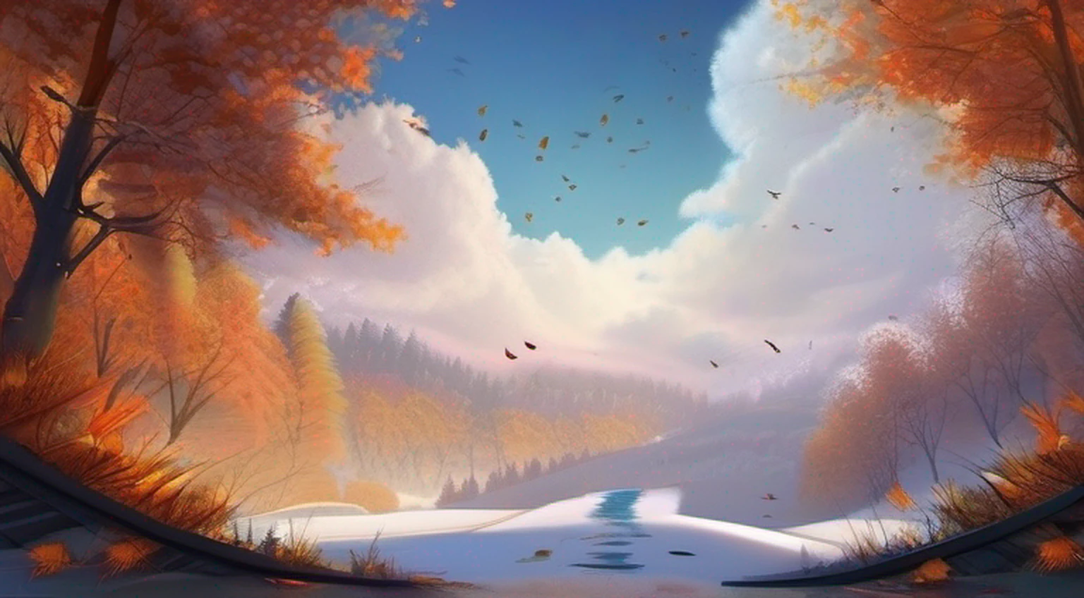 The sky split into two sides, with fallen leaves floating and snow on the other