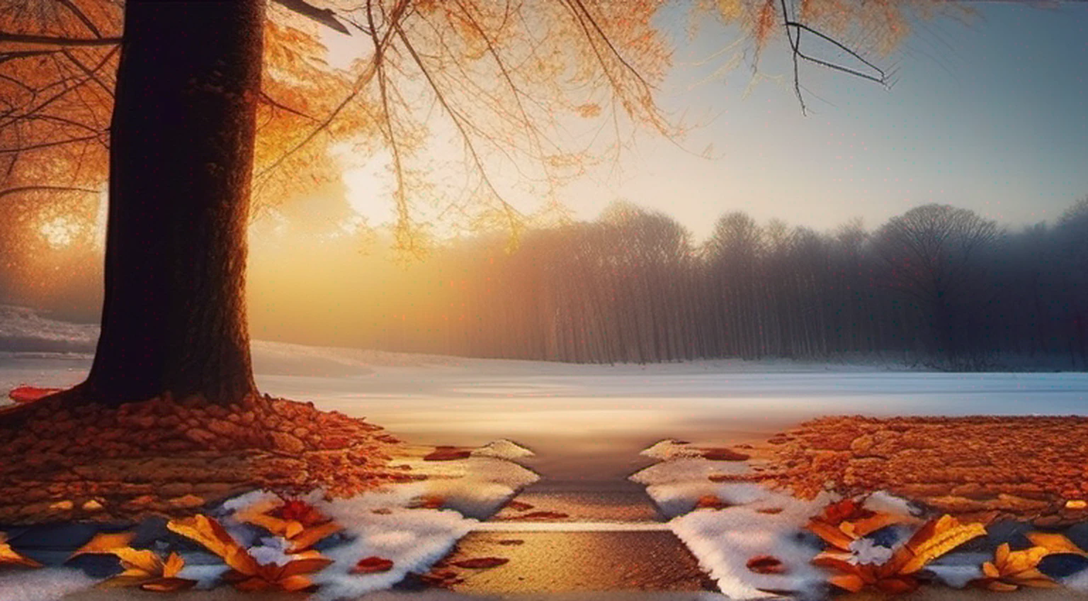 The sky split into two sides, with fallen leaves floating and snow on the other