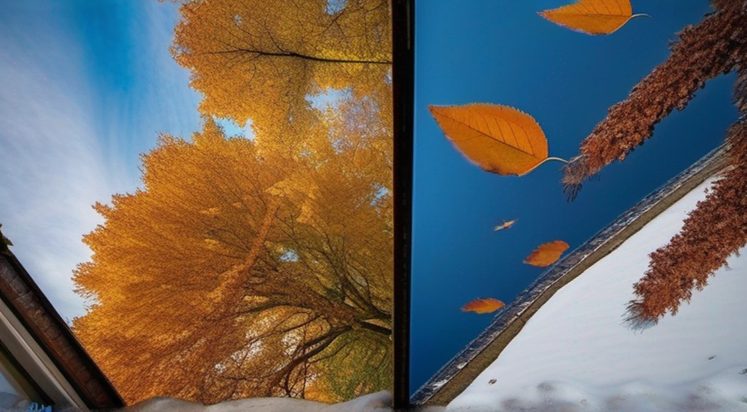 The sky split into two sides, with fallen leaves floating and snow on the other