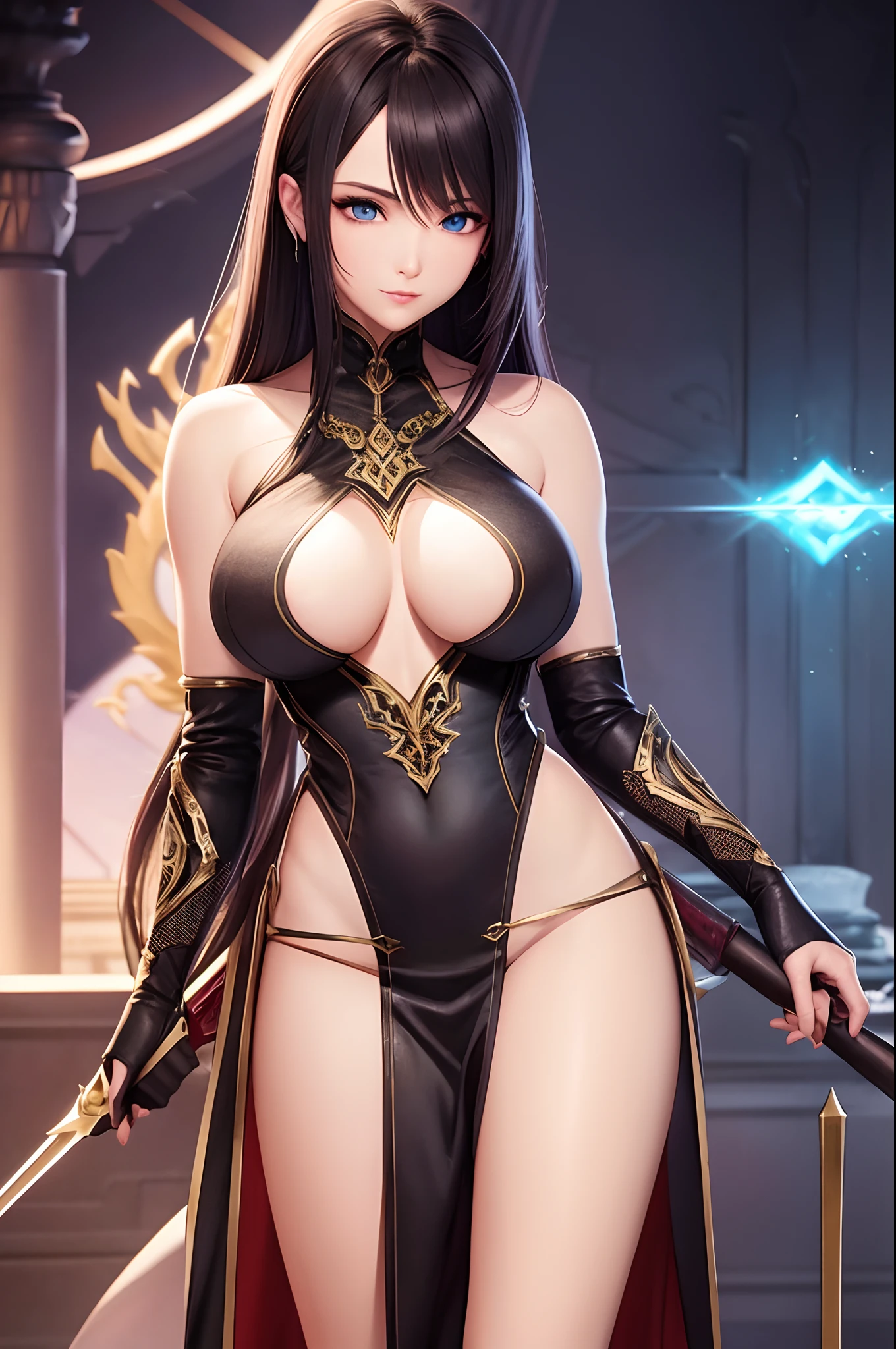In a fantasy MMO game, a player character enters the game world as a sexy, slim woman character with a captivating body. She has beautifully crafted detailed eyes, lips, and a face that enhances her overall appealing appearance. The character is designed with an extremely detailed figure and wears an outfit that enhances her seductive charm. The character menu allows players to customize her appearance and change her clothes, adding versatility to her style. As she navigates through the virtual world, a huge sword rests gracefully on her back, adding an air of power and strength to her character. Surrounding her, a magical aura emanates from her, creating an aura of mystery and enchantment. The game environment is rich in details, featuring stunning landscapes, vibrant colors, and intricate designs. The game itself boasts the highest quality graphics, with a resolution of 4k or 8k, ensuring every detail is displayed with utmost clarity. The visuals are incredibly realistic, thanks to professional-grade rendering techniques and physically-based rendering. The lighting effects create an immersive atmosphere, with dynamic shadows and studio-quality lighting that highlights the character's beauty. With this prompt, Stable Diffusion will generate a visually stunning image of a fantasy MMO game, showcasing a seductive woman character with a slim body, alluring features, and a powerful presence. The combination of detailed visuals, realistic rendering, and vibrant colors will bring this game world to life, capturing the imagination of viewers.