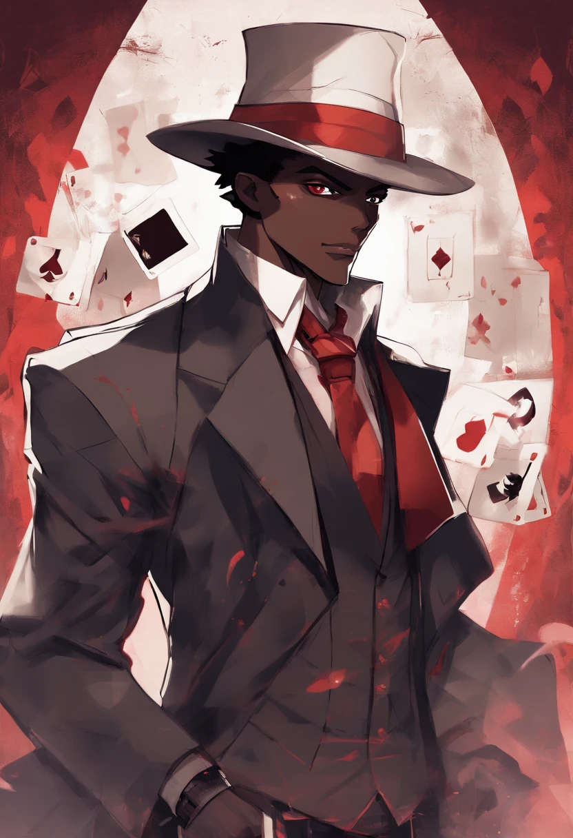 anime dark skin gambler with red eyes holding a card in his left hand. He wears phantom theif style clothing such as fancy trenchcoat, beige shirt with black tie