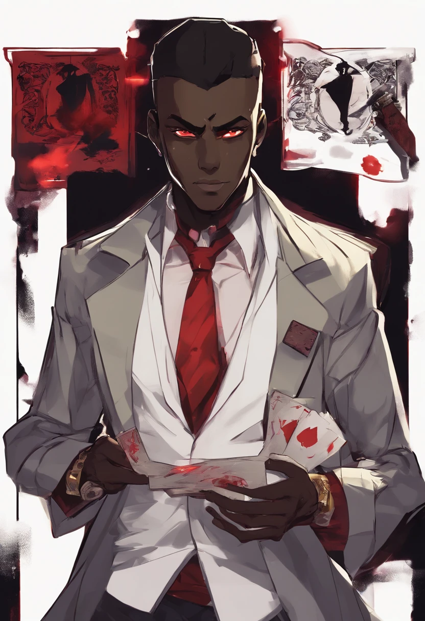 anime dark skin gambler with red eyes holding a card in his left hand. He wears phantom theif style clothing such as fancy trenchcoat, beige shirt with black tie