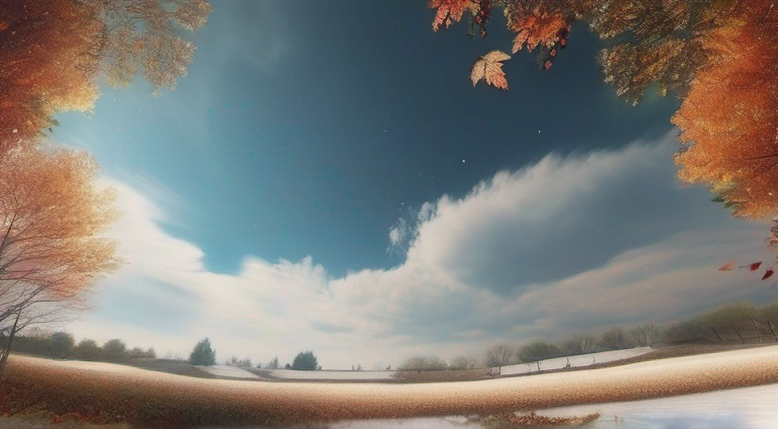 The sky split into two sides, with fallen leaves floating and snow on the other