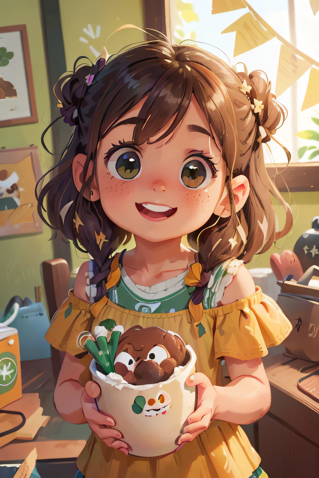 Image only of the face and shoulders of a girl with curly brown hair, los ojos grandes de color verde, tiene pecas en la cara, friendly smiling, calidad perfecta, fondo blanco, (mess-house: 0.8), (obra maestra : 1.2) (Realista: 1.2) (Bokeh) (Mejor calidad) (Piel detallada: 1.3) (Detalles intrincados) (8K) (Ojos detallados) (foco nítido), (muy feliz)