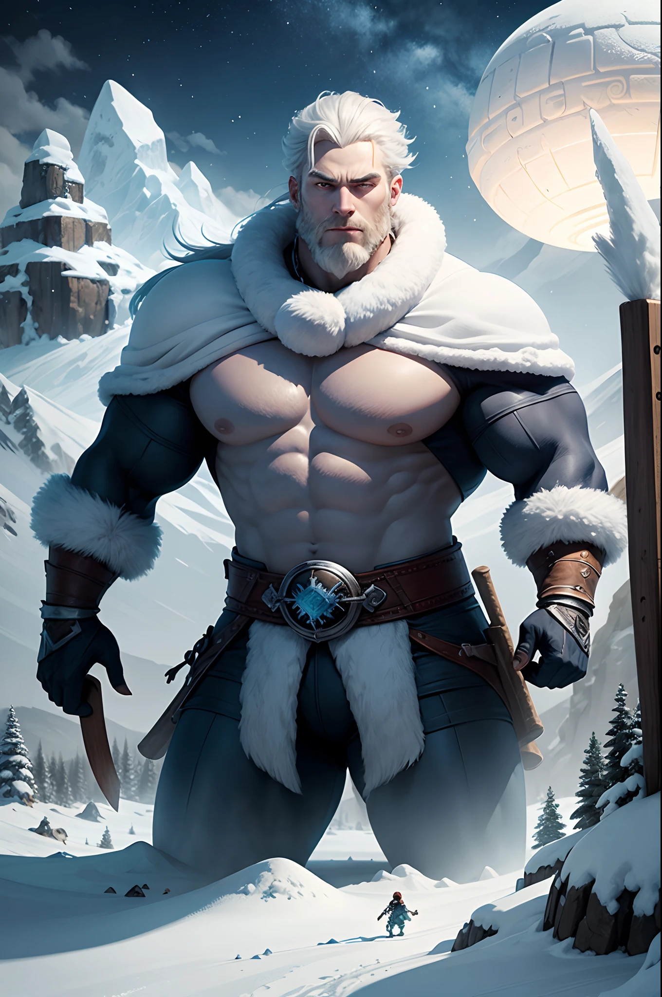 frozen wasteland, igloo, eskimo, frost giant, Ymir, ymir holding a titan sized baseball bat, Mythical Creature