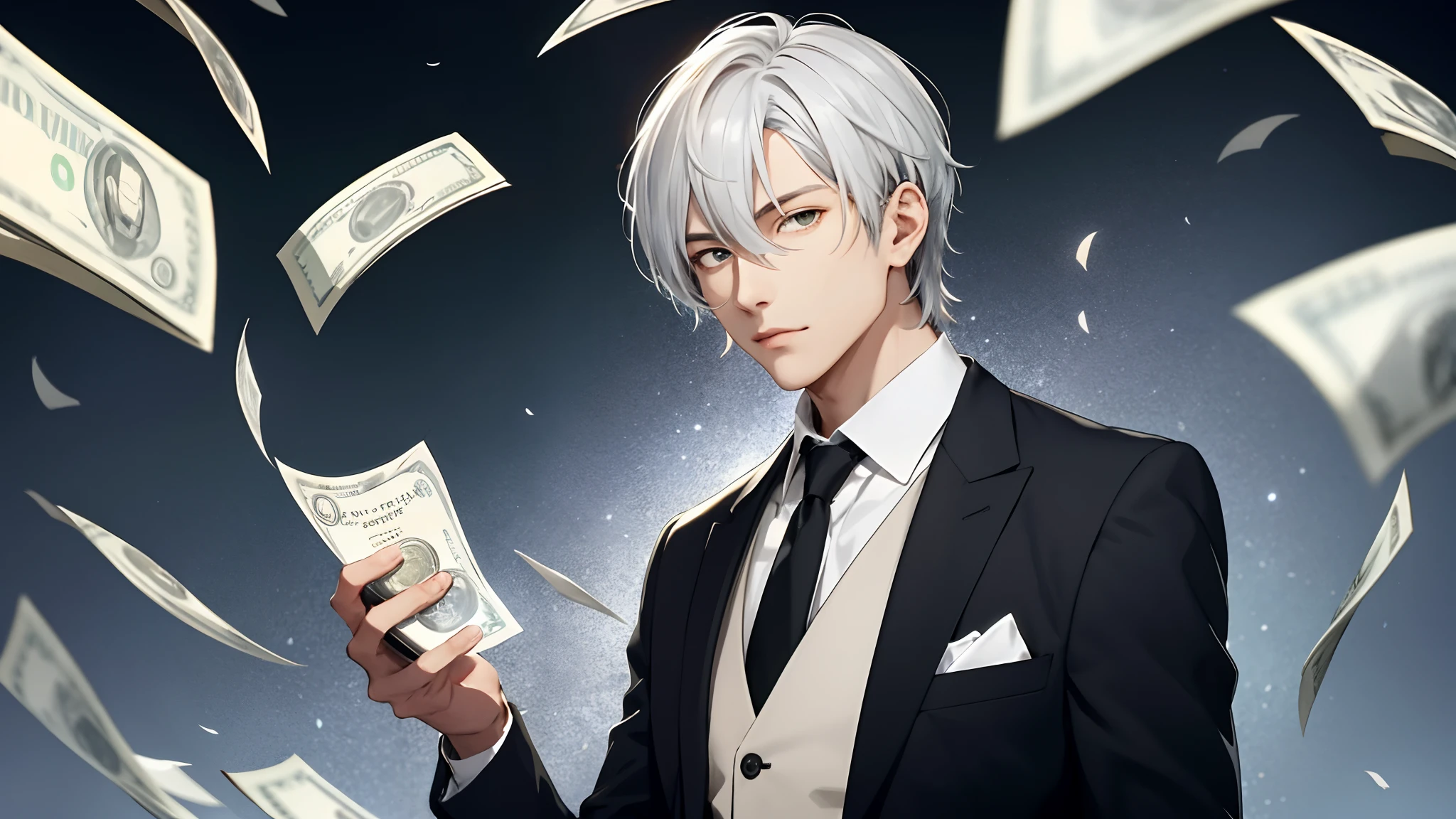 Man ,ikemen,Silver hair ,Bliyas,Solo beauty::1.5 Hold large sums of money::1.5 inches,neonlight,Night,wearing black suits,Beautiful eyes,Slender,Hold large sums of money::1.5, Feilin money,Scattered money,Monetary effects , Gold coin background, Fly money and coins,Mana Gold, Hansom