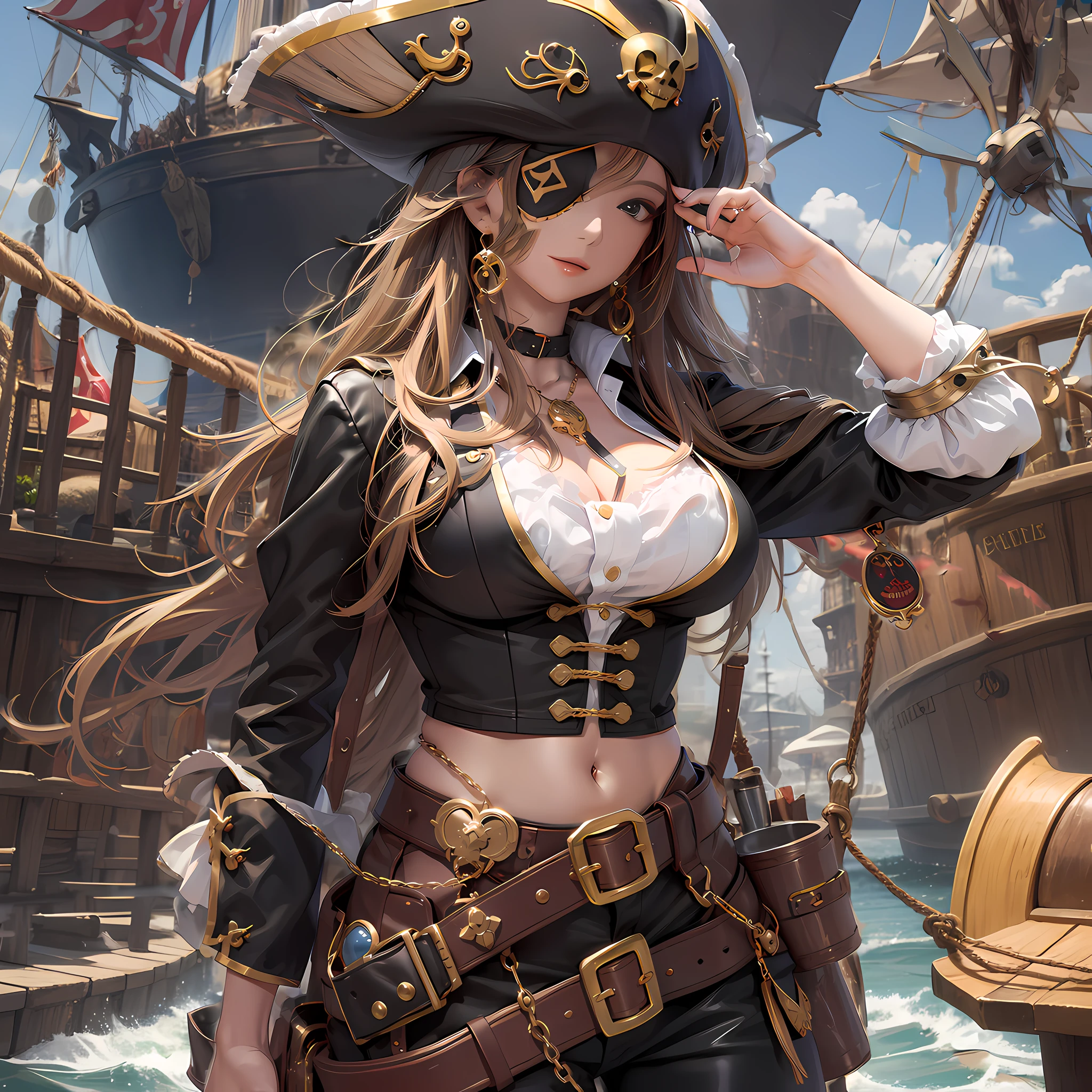 ((medieval world)), (noble's daughter who became a pirate, captain, medieval European aristocratic dress, luxury jewelry, breasts, she has a long westerner sword), on the deck of a medieval large galleon that was made of woods during the Age of Discovery in the Middle Ages, windy, a lot of cargo, spread legs, swollen areolas, (showing off her plain and simple panties and hidden nipples, countless old wounds on the body), smiling, angle from below, in the ocean,