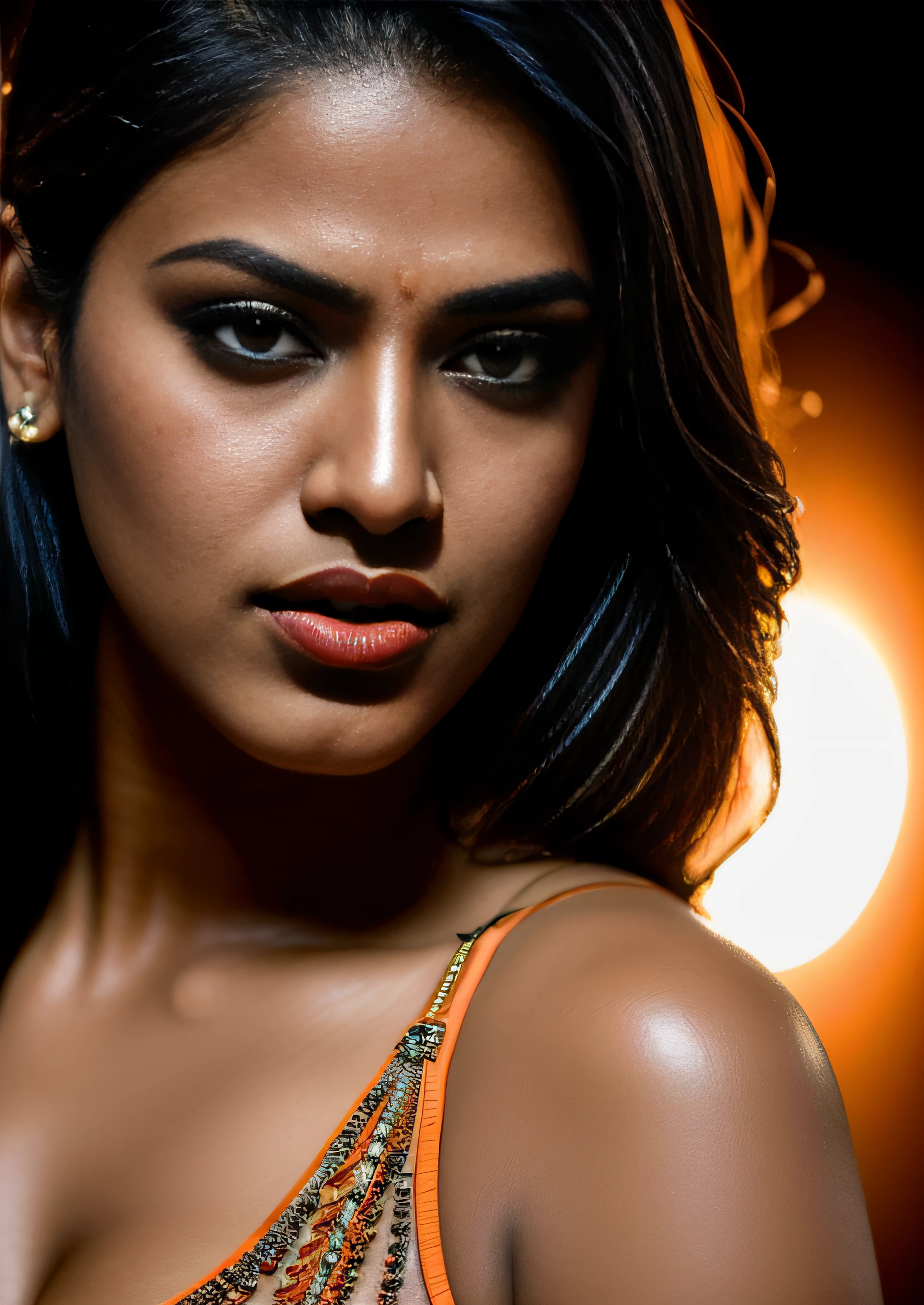 (editorial photograph of an Indian actress nia sharma, energetic, 21 y.o. female), (wearing worn out clothes, detailed:1.3), (orange natural big lips, highly detailed face:1.4), (background inside dark, moody, private study, studio lights:1.3), (8k, uhd, dslr, high quality, cinematic lighting, bokeh), (dramatic, award winning photography, incredible masterpiece:1.3) (strong depth of field), dark orange lips, nia sharma Hindi Actress(model), pale white skin, dark orange lips.