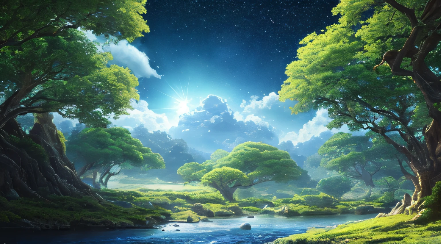 Illustration of a hyperrealistic , otherworldly, ultrasky scene featuring a giant crystal tree full body,very detailed and magical lighting, intricate forest details, vegetation and river around, solarpunk ,landscape, giant tree, beatifull leafy with beautiful lighting and realistic proportions, as if it were a cinematic background, 8k, highest quality, masterpiece, clouds and stars in the sky.