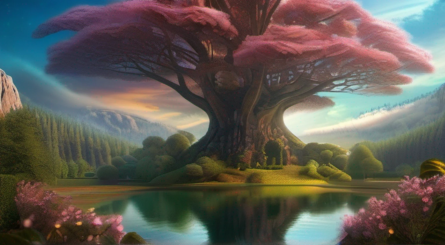 Illustration of a hyperrealistic , otherworldly, ultrasky scene featuring a giant crystal tree full body,very detailed and magical lighting, intricate forest details, vegetation and river around, solarpunk ,landscape, giant tree, beatifull leafy with beautiful lighting and realistic proportions, as if it were a cinematic background, 8k, highest quality, masterpiece, clouds and stars in the sky.