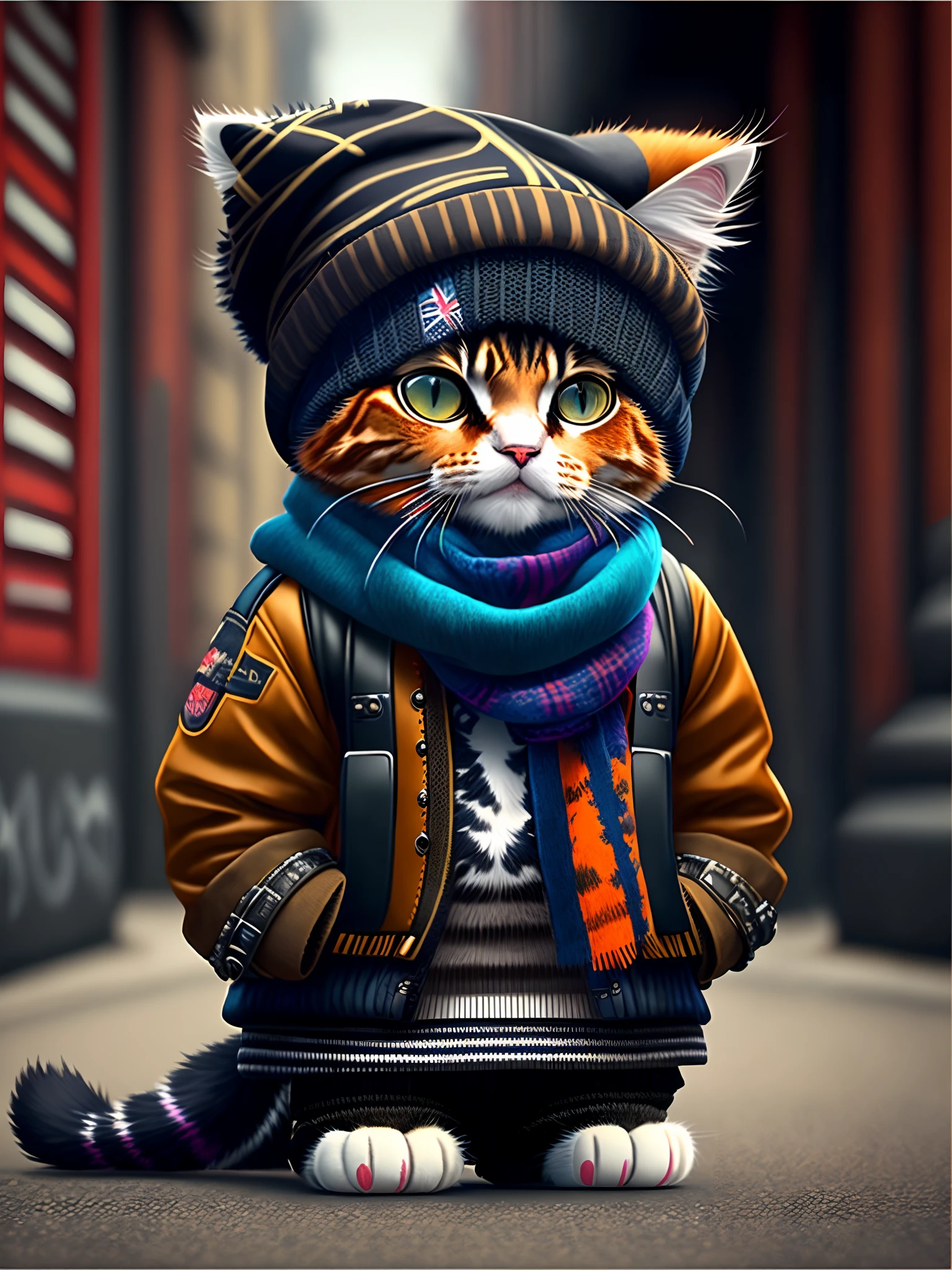 picture of a cat in a hat and scarf, art station trend, dressed in punk clothes, hyper realistic detailed rendering, british gang member, urban style, intimidating pose, planet of cats, fashion clothes, urban samurai, meow, west slavic traits, 8 1 5