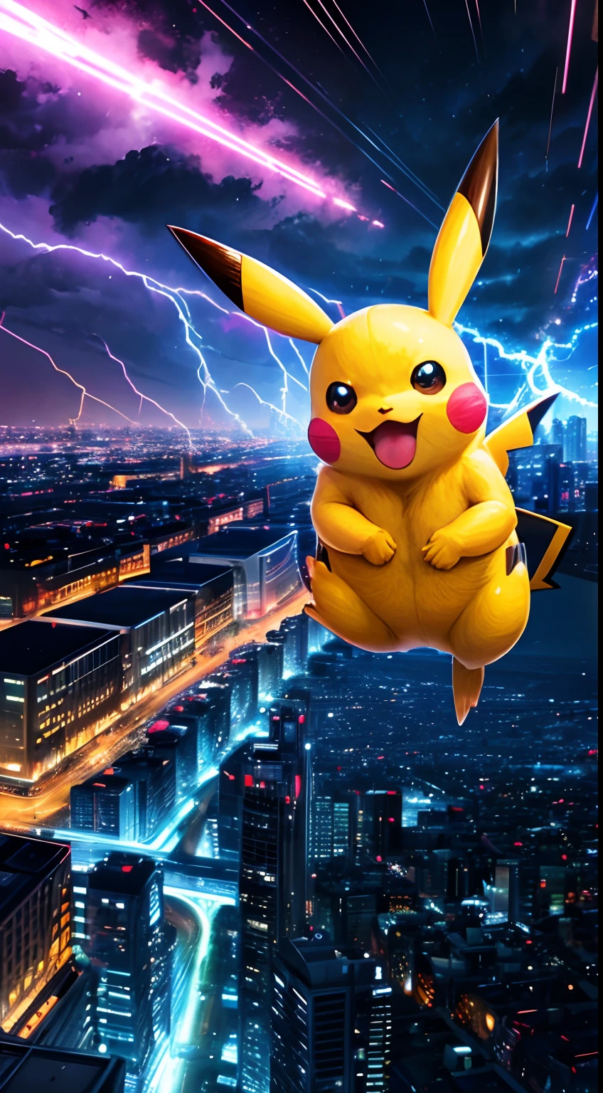 (best quality,ultra-detailed,realistic:1.37),Pokemon pikachu,city,lightning,sparks,vivid colours,detail,landscape,portrait,dynamic lighting,electricity,night scene,colorful,fast-paced,energetic,urban life,spectacular view,urban architecture,modern cityscape,crackling thunder,crimson sky,neon lights,reflection on wet pavement,urban hustle and bustle,playful and lively atmosphere,striking visual impact,playful poses,expressive eyes,powerful electricity bolts,sharp and distinct outlines,dynamic and vibrant colors,night sky illuminated by bright lightning,city in the midst of a thunderstorm,pikachu surrounded by sparks and electrical energy.
