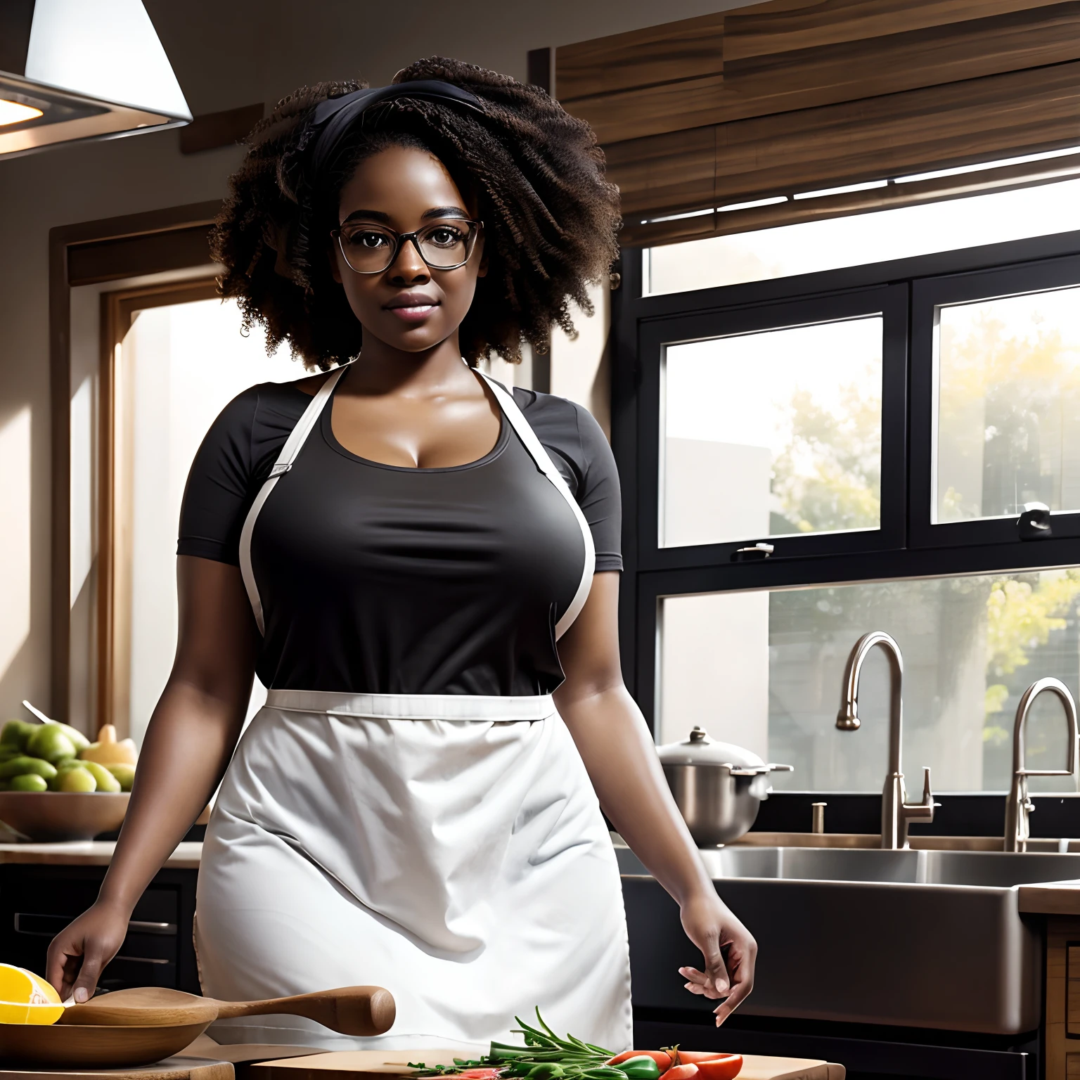 Hyper realistic, very fat black girl, dynamic lighting, very detailed, hydrated black skin, medium hair, curly hair, nerdy glasses, big boobs. Cooking in short clothes and an apron. Industrial kitchen, cooking pans, windows, morning lighting