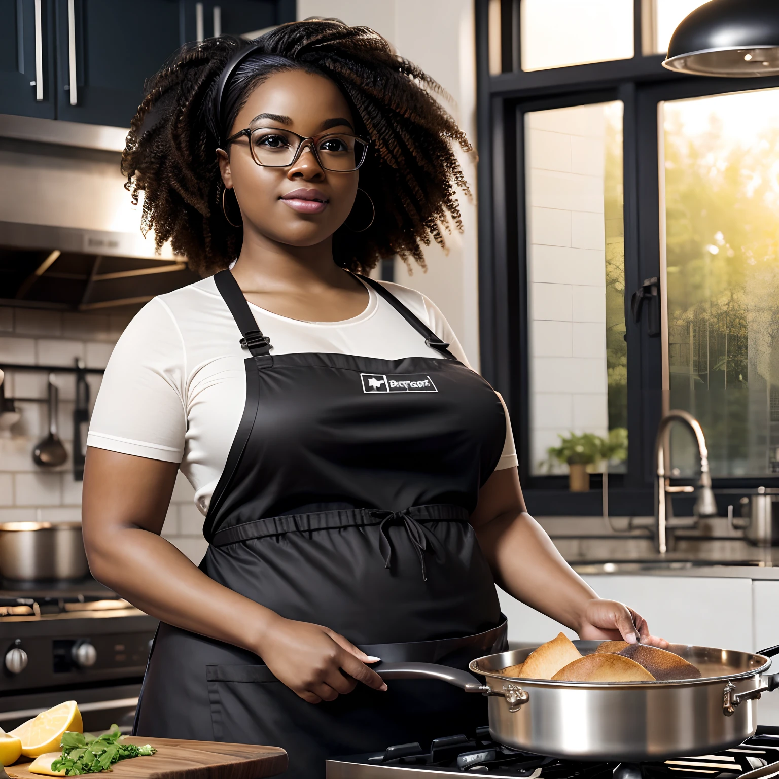 Hyper realistic, very fat black girl, dynamic lighting, very detailed, hydrated black skin, medium hair, curly hair, nerdy glasses, big boobs. Cooking in short clothes and an apron. Industrial kitchen, cooking pans, windows, morning lighting