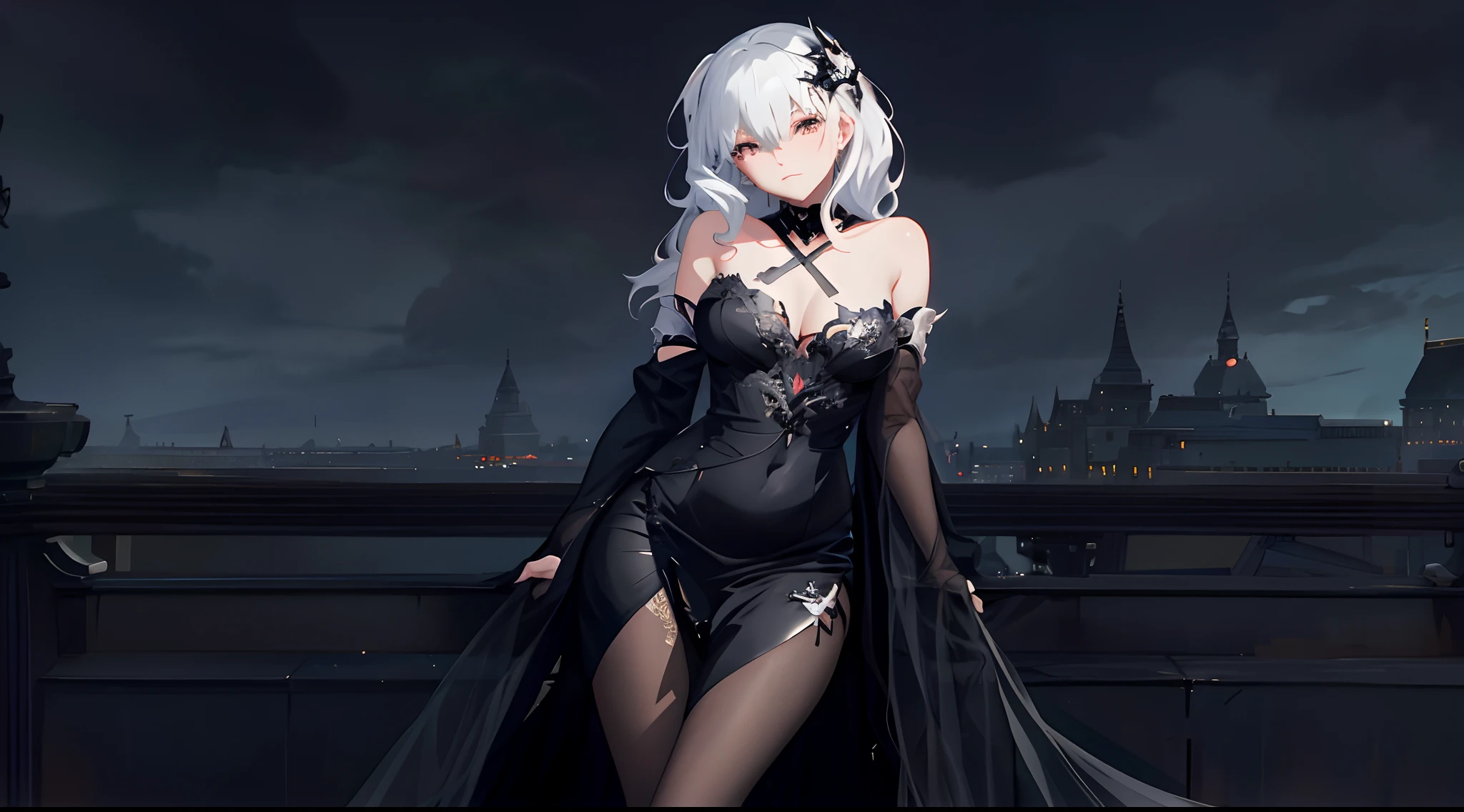 there is a woman in a black dress posing on a ledge, anime girl wearing a black dress, seductive anime girl, artwork in the style of guweiz, guweiz on artstation pixiv, guweiz on pixiv artstation, guweiz, beautiful alluring anime woman, guweiz masterpiece, cute anime waifu in a nice dress