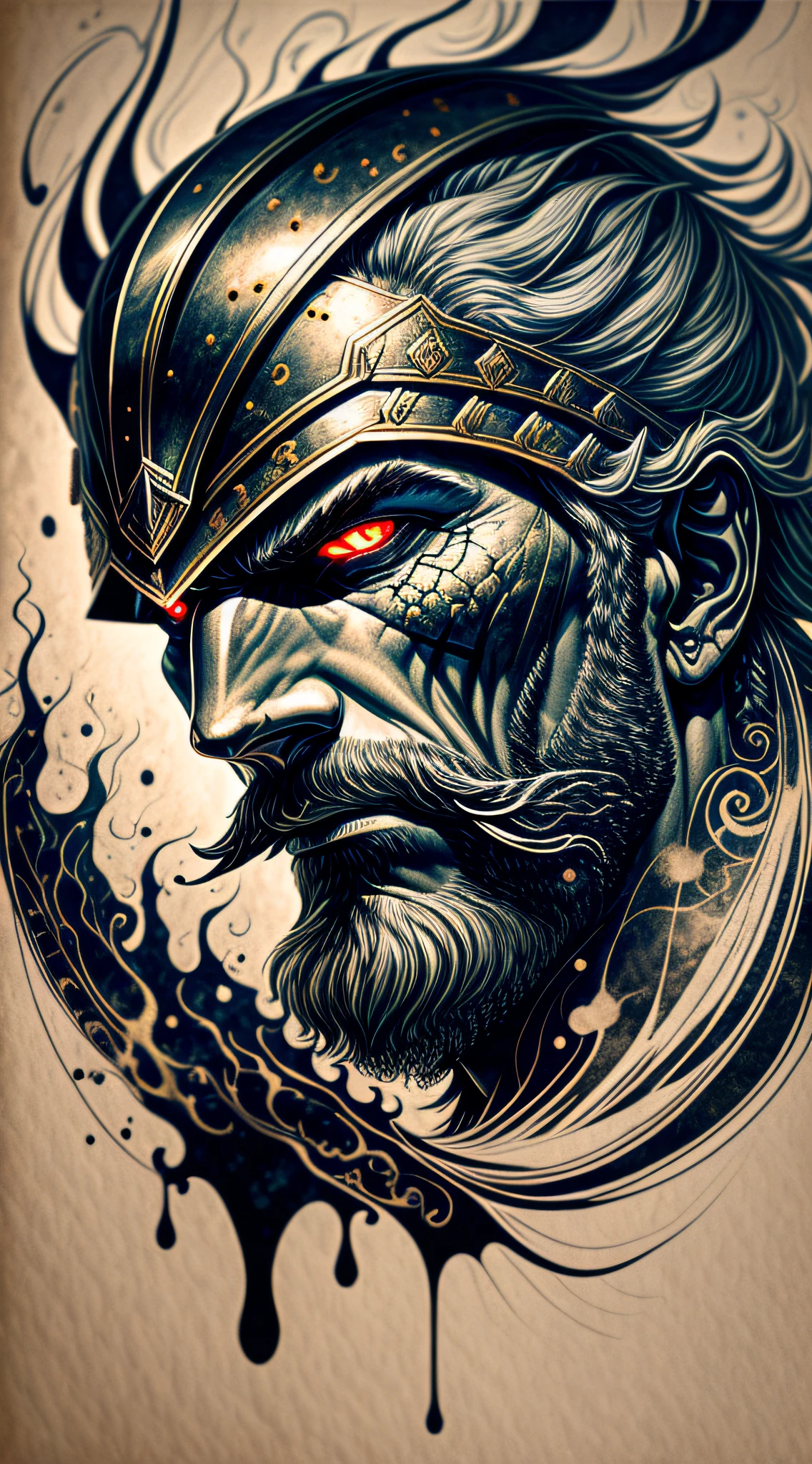 An intense close-up of a Viking warrior with piercing, glowing eyes, surrounded by an inky darkness. His horned helmet gives him an imposing silhouette, while his wild, flowing beard adds a touch of ruggedness. The warrior's face bears an expression of deep anger, a testament to his ferocity in battle. The backdrop is filled with swirling tendrils of inky blackness, reminiscent of ancient mythological forces. The atmosphere is tense, hinting at the mythical powers that surround the warrior. The image combines high detail and an artistic touch, creating a captivating visual experience. Artwork, ink on parchment