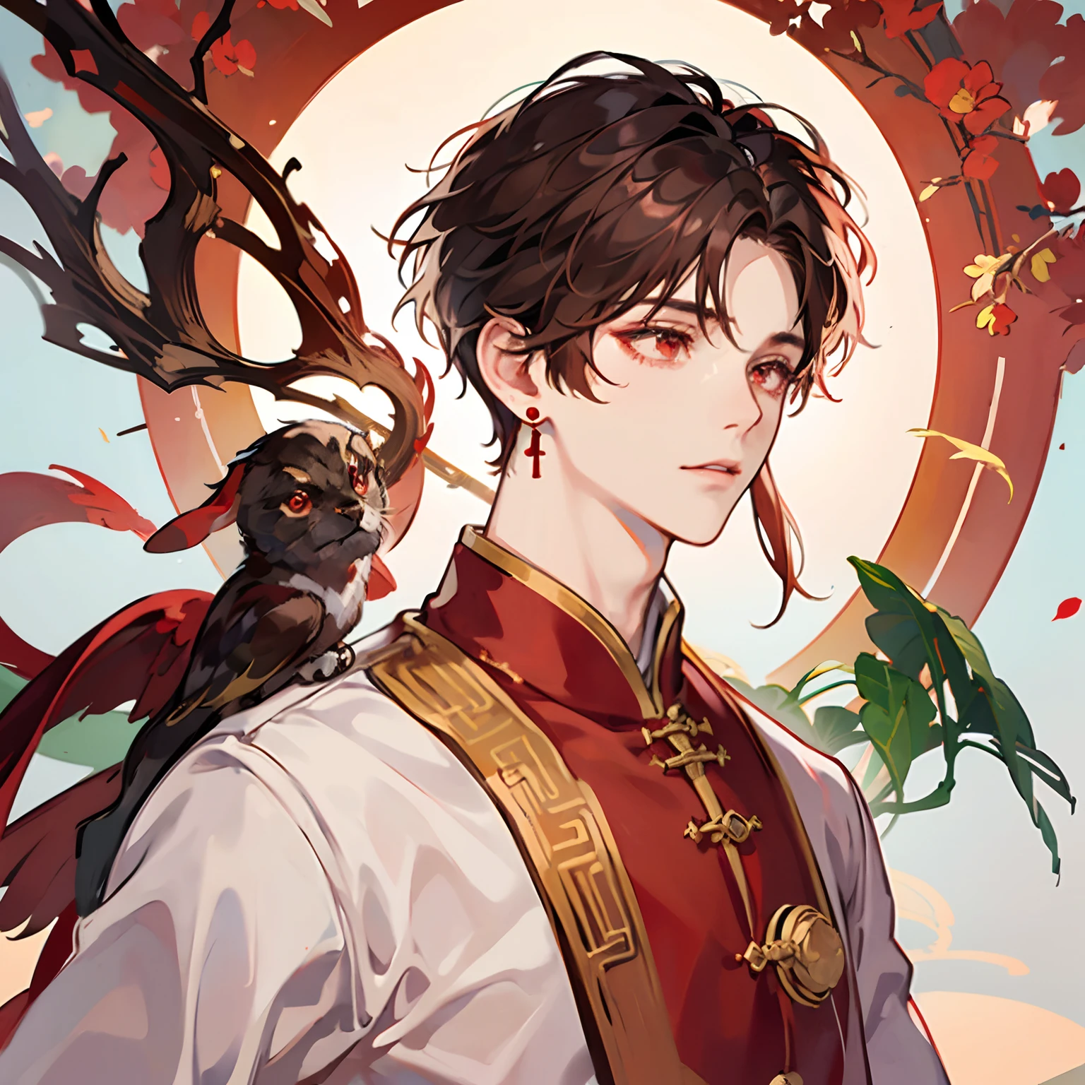 chongyue, 1boy, bangs, brown_hair, chinese_clothes, close-up, closed_mouth, red earrings, looking_at_viewer, male_focus,red_eyes, solo