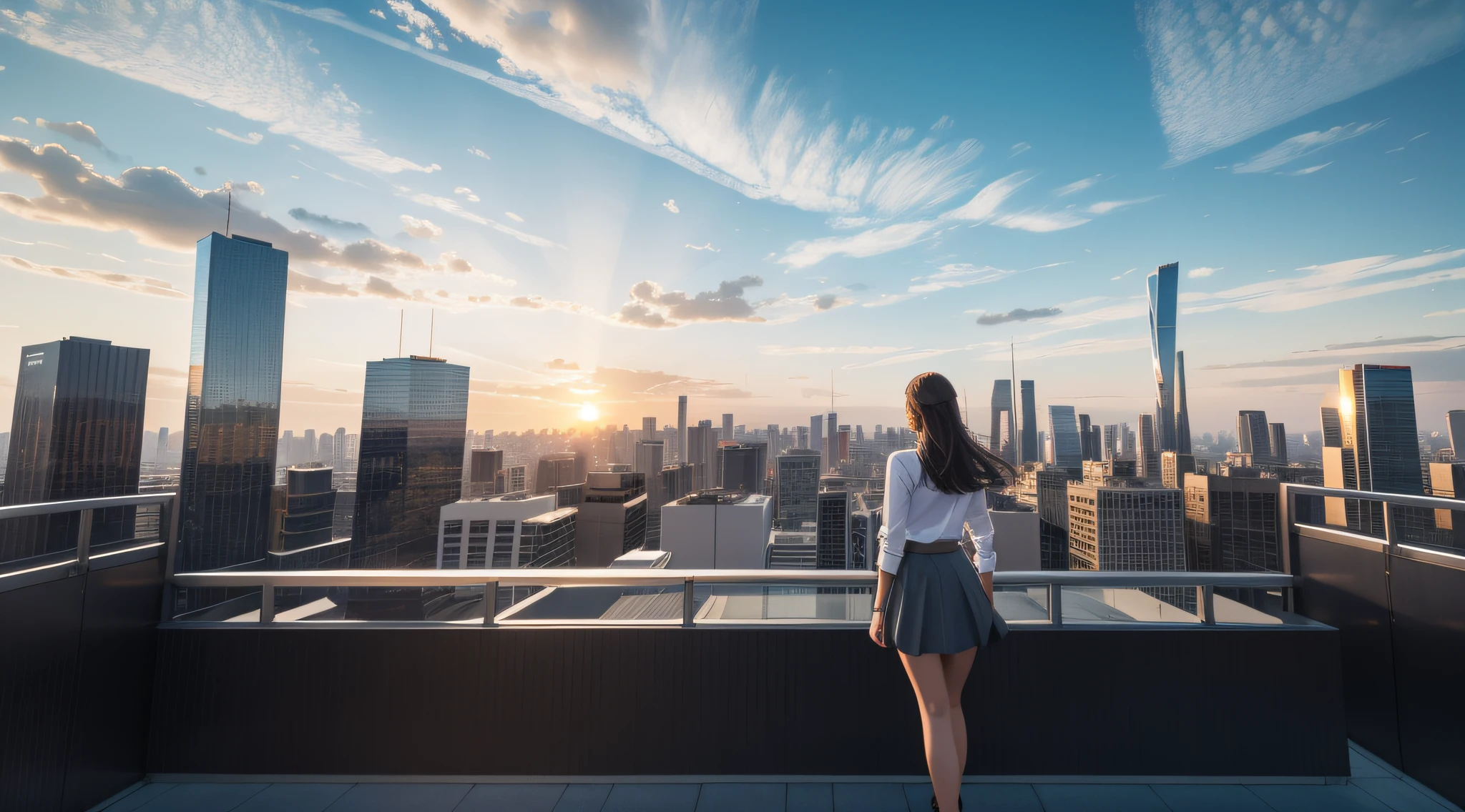 ​masterpiece, 8K, top-quality, realistic, 1girl, from back, from below, ultrawide angle, ultrawide view, deep perspective view, panoramic view of a city, looking away, from below, casual white shirt and grey miniskirt, beautiful legs, full body, overlooking a vast city, golden hour,  standing on a high rooftop above the city, a field of skyscrapers in the distance, Horizon line