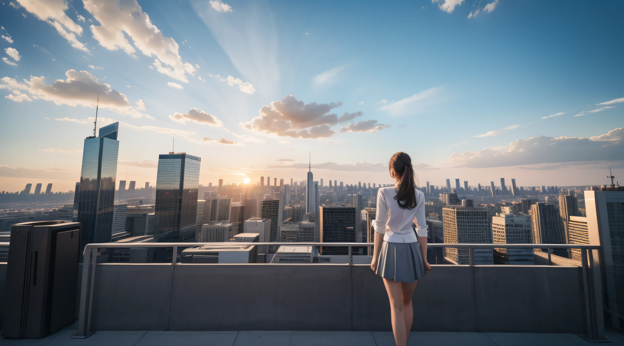 masterpiece, 8K, top-quality, realistic, 1girl, from back, from below, ultrawide angle, ultrawide view, deep perspective view, panoramic view of a city, looking away, from below, casual white shirt and grey miniskirt, beautiful legs, full body, overlooking a vast city, golden hour, standing on a high rooftop above the city, a field of skyscrapers in the distance, Horizon line