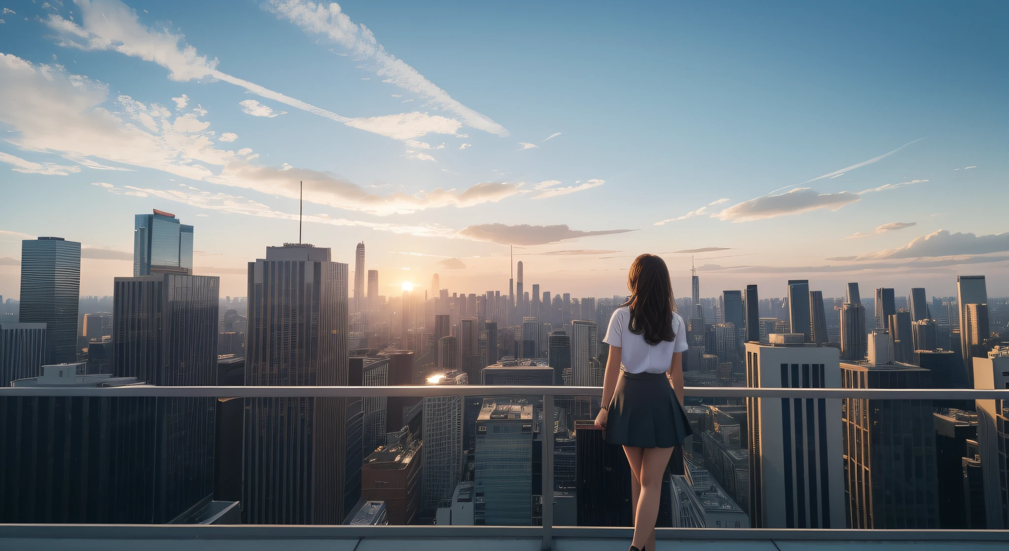 (masterpiece:1.35),(bestquality:1.4),8k,ultra-detailed,photography,(ultra-realistic:1.4),Art Composition,1girl,solo,leogirl,realistic photography,A solitary figure stands atop a skyscraper,looking out over the city as twilight descends. The figure,silhouetted against the illuminated skyline,adds a sense of drama and contemplation to the scene.,