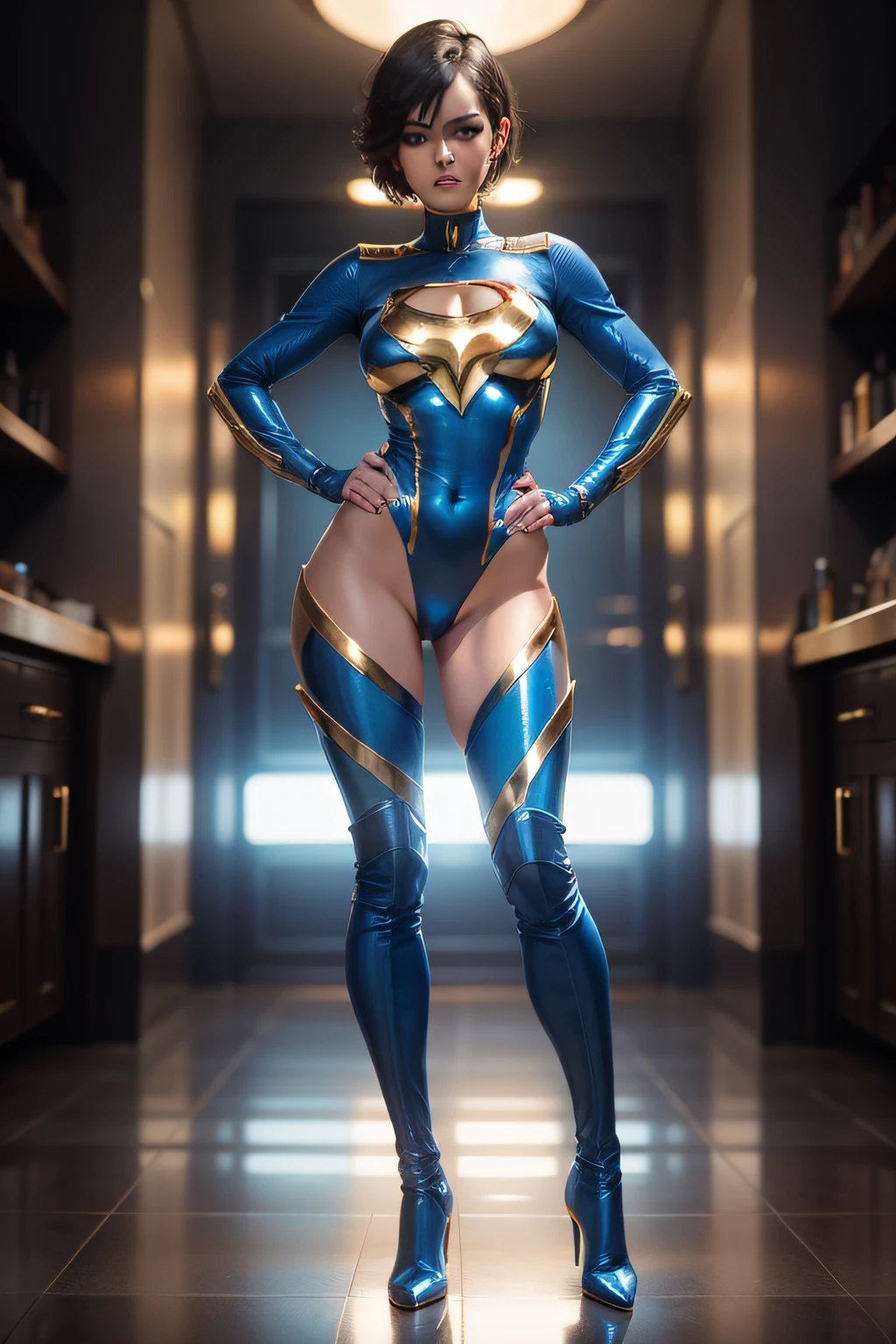 Short haired superheroine in blue and gold body suit and high heeled blue boots, full body shot from head to toe, standing, clasping her hands behind her back, ankles together